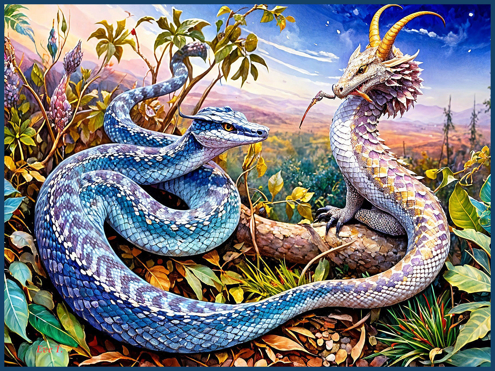 Vibrant Fantasy Scene with Snake and Dragon in Landscape