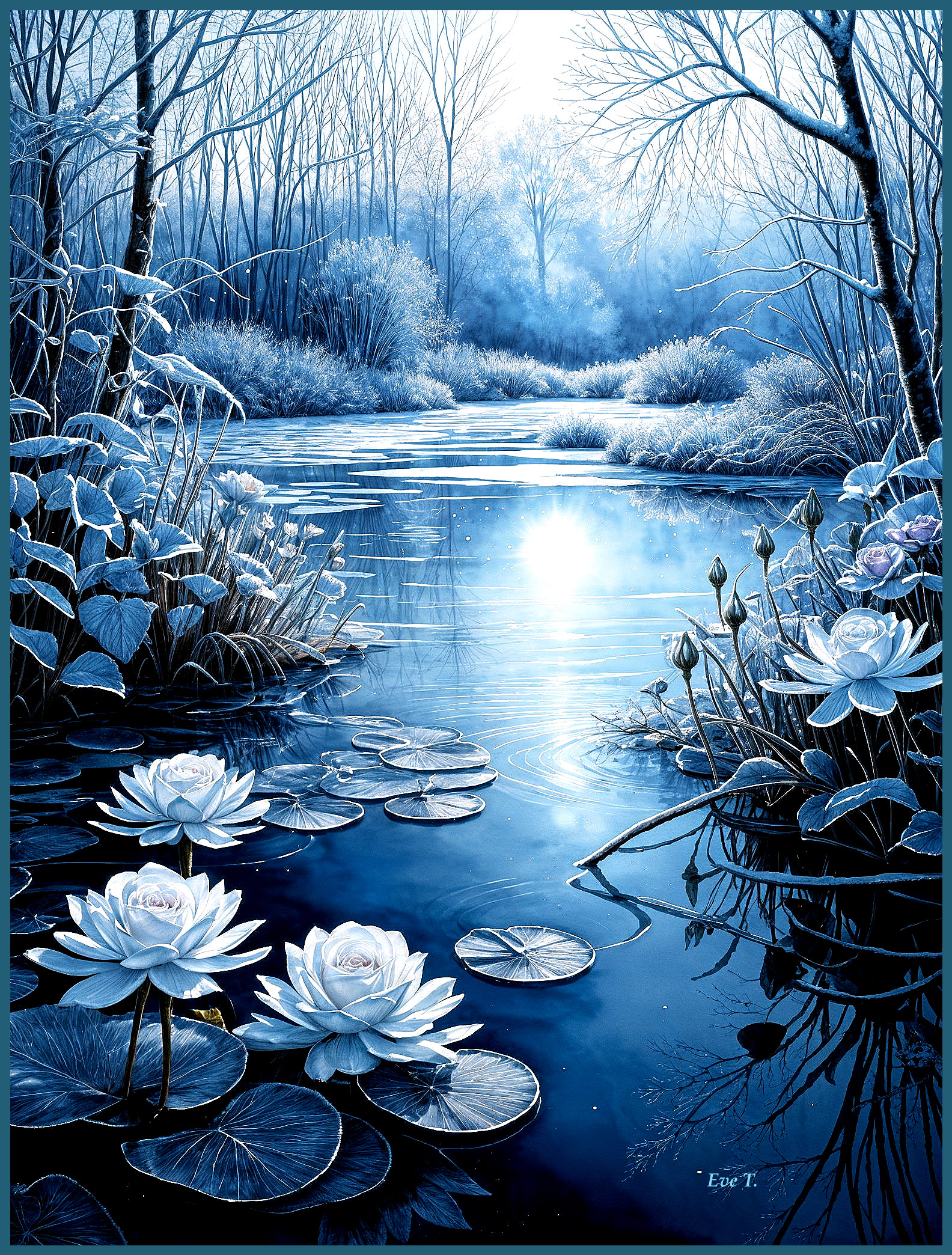 Moonlit Tranquil Pond with Silvery Foliage and Lilies