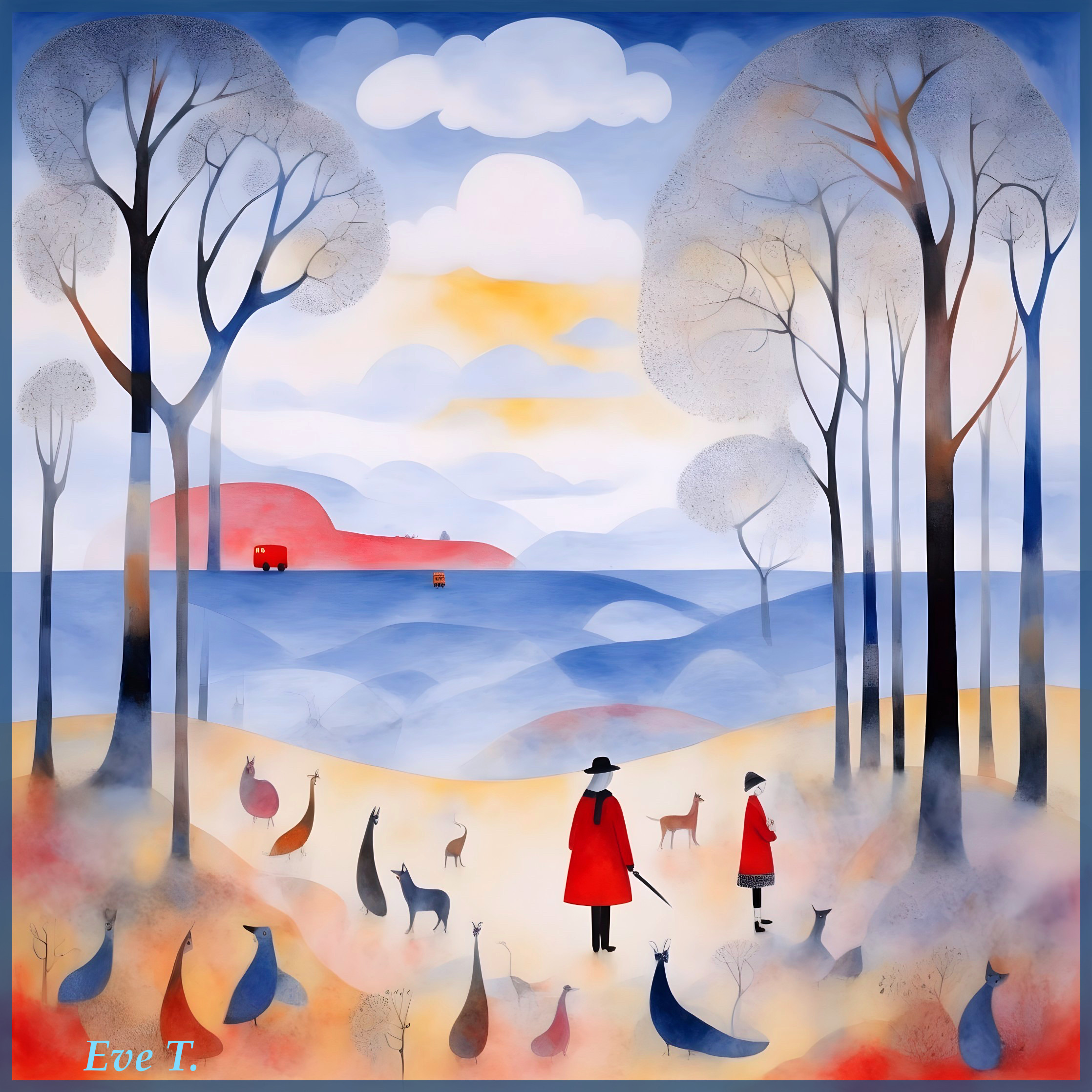 Tranquil Landscape with Figures and Whimsical Animals