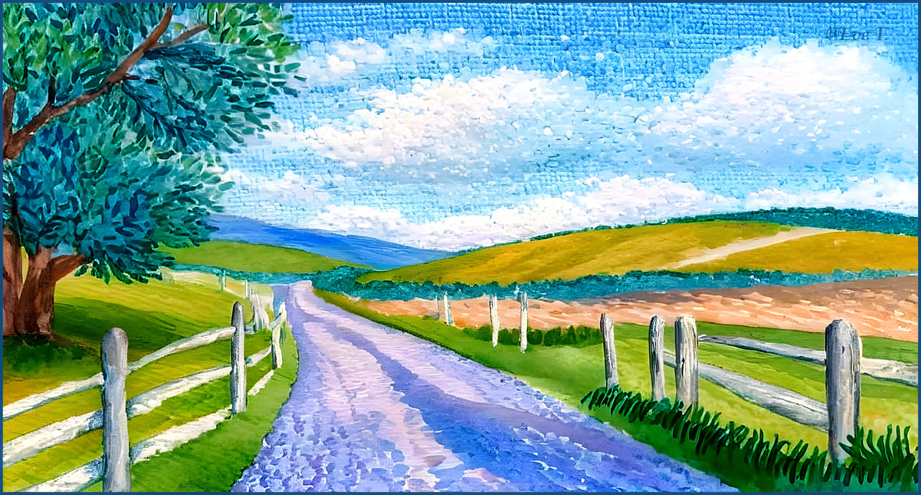 Winding Dirt Road with Picket Fence and Green Fields
