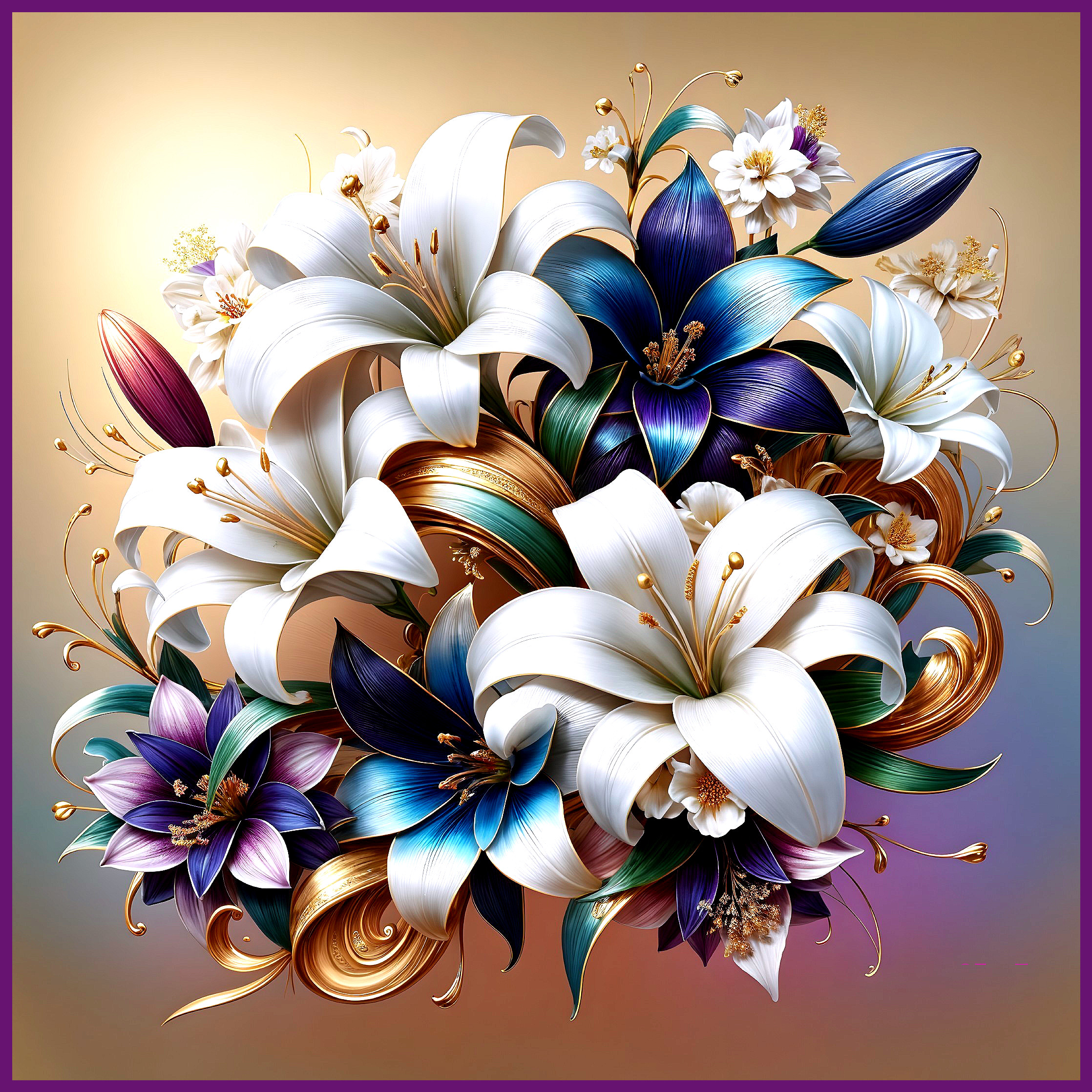 Vibrant bouquet of stylized flowers with gold accents