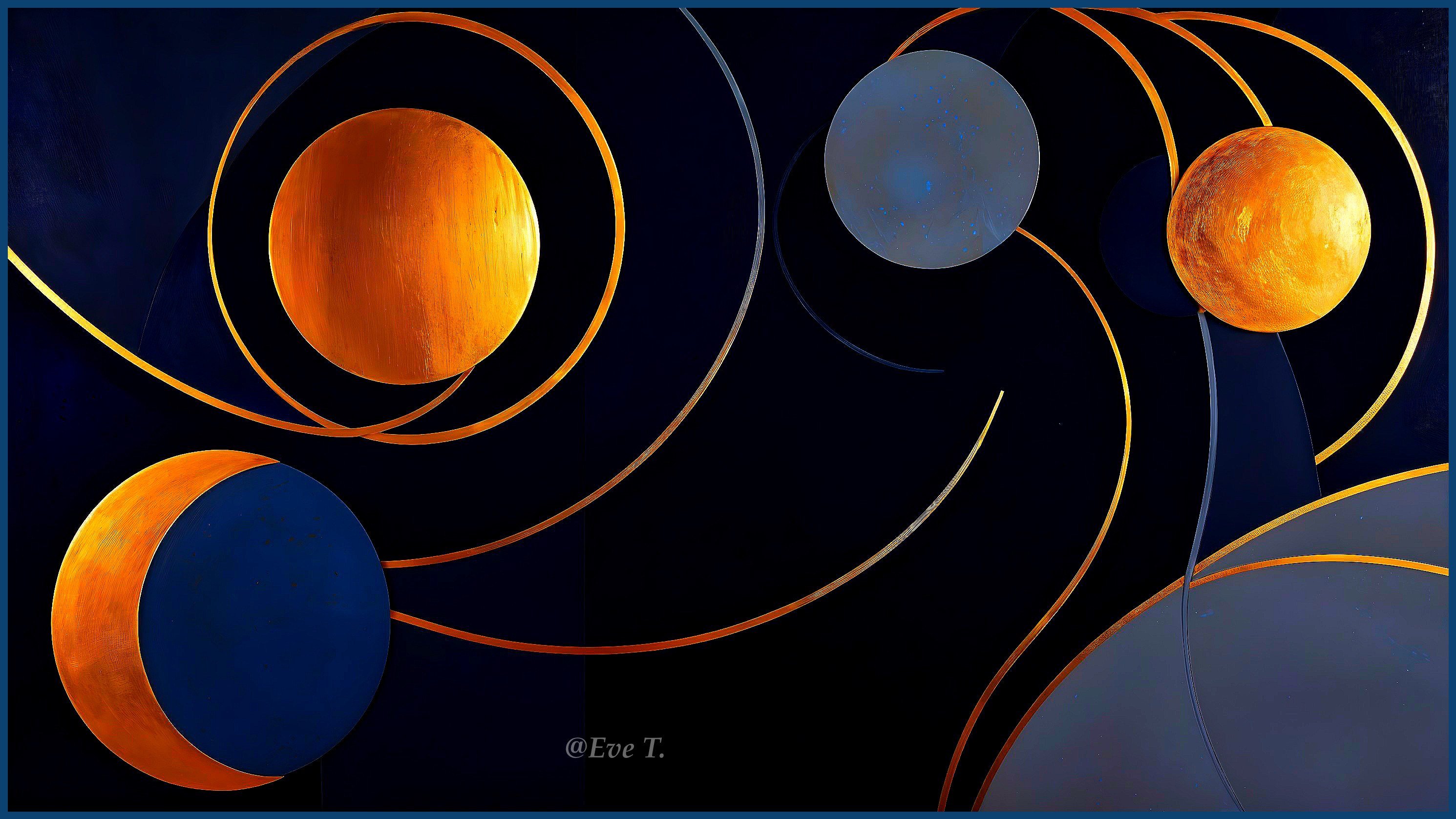 Abstract Artwork with Circular Forms and Golden Lines