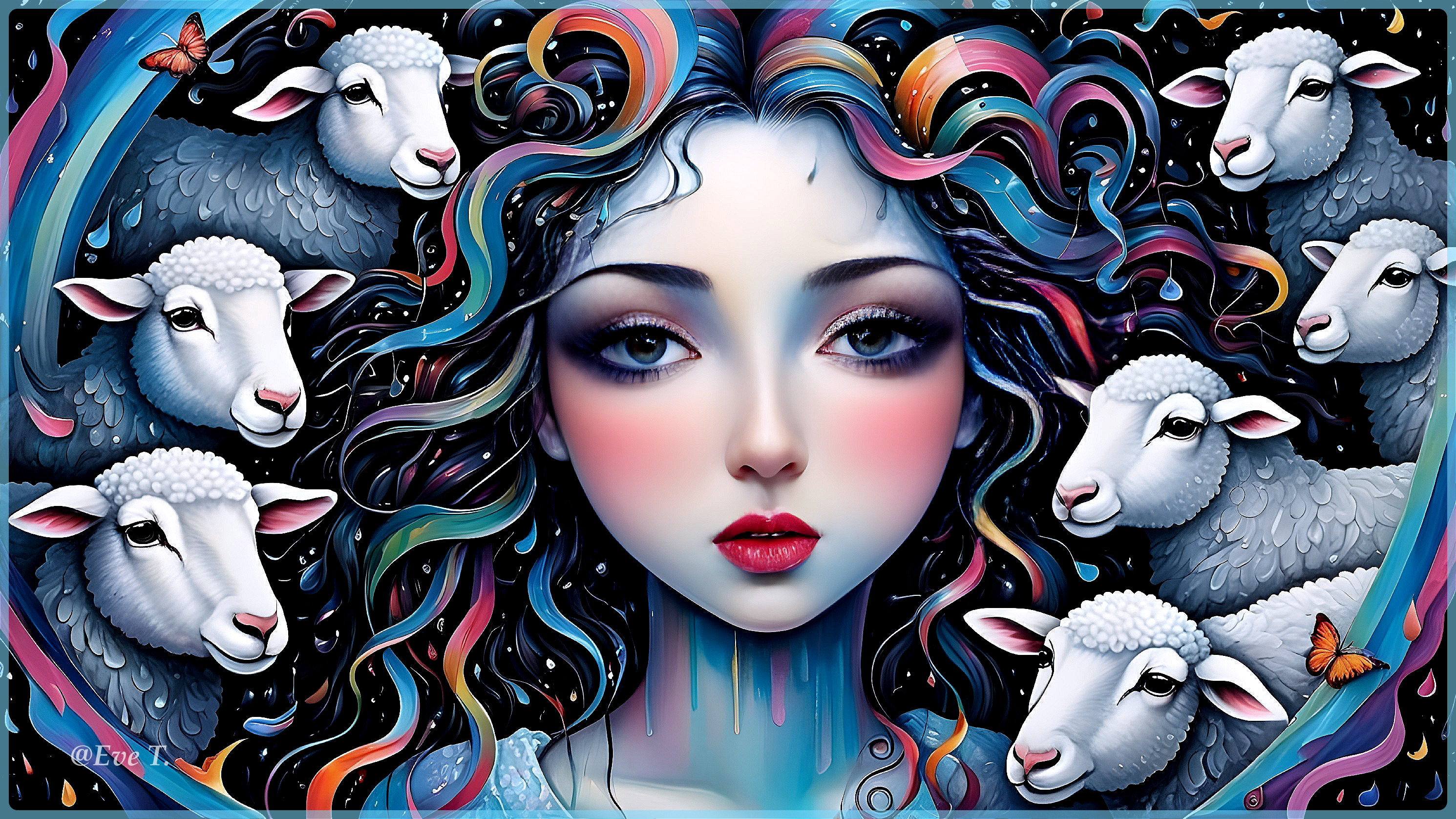 Stylized Woman with Colorful Hair and Whimsical Sheep