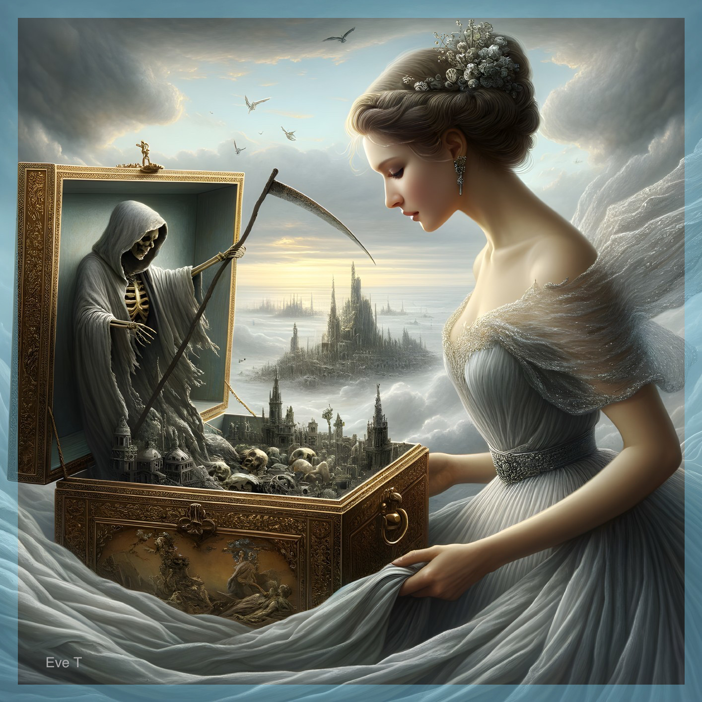 Woman in Blue Gown with Grim Reaper and Cityscape