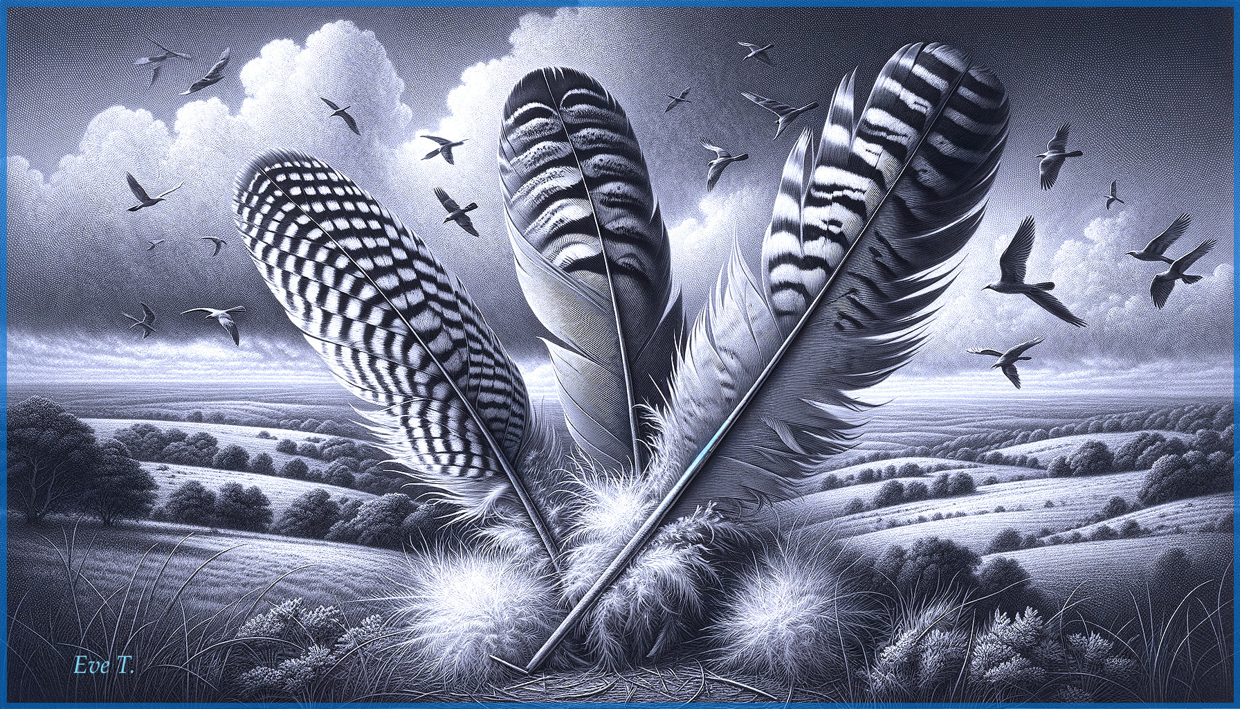 Intricately Detailed Feathers Against Serene Landscape