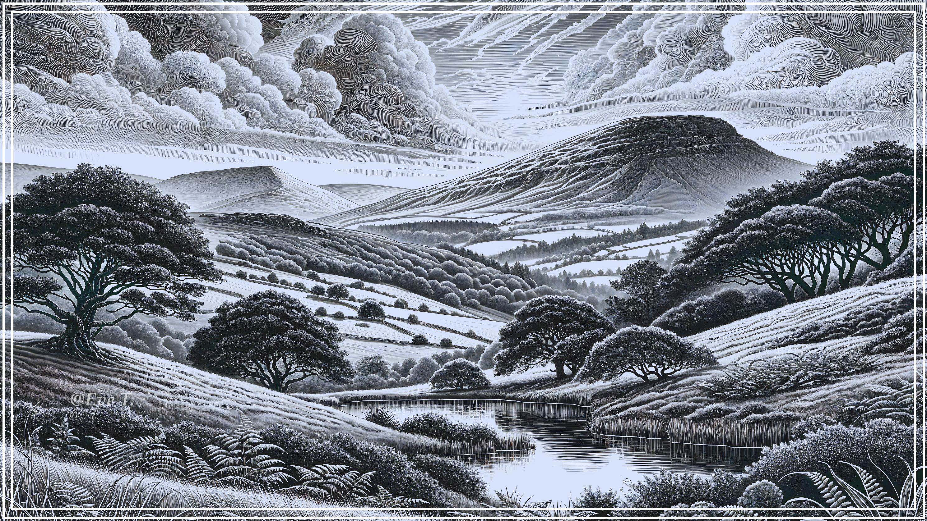 Monochromatic Landscape with Hills and Reflective Pond