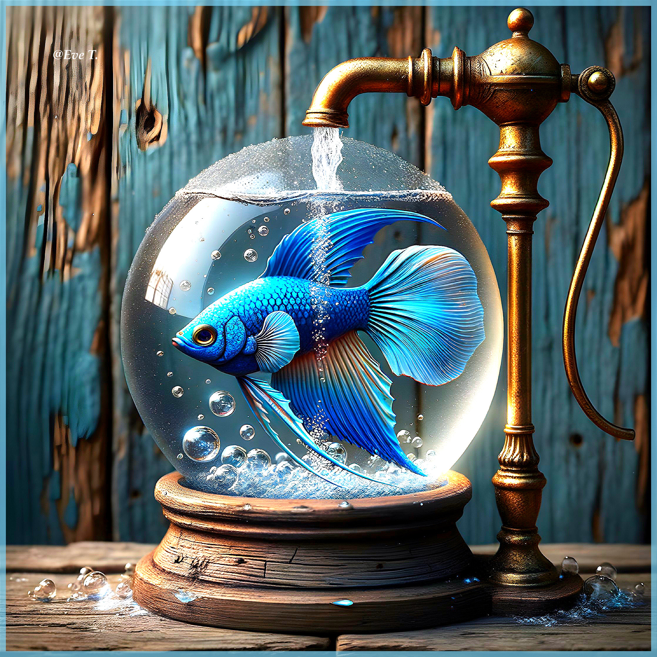 Blue fish in glass bowl with vintage faucet and wood