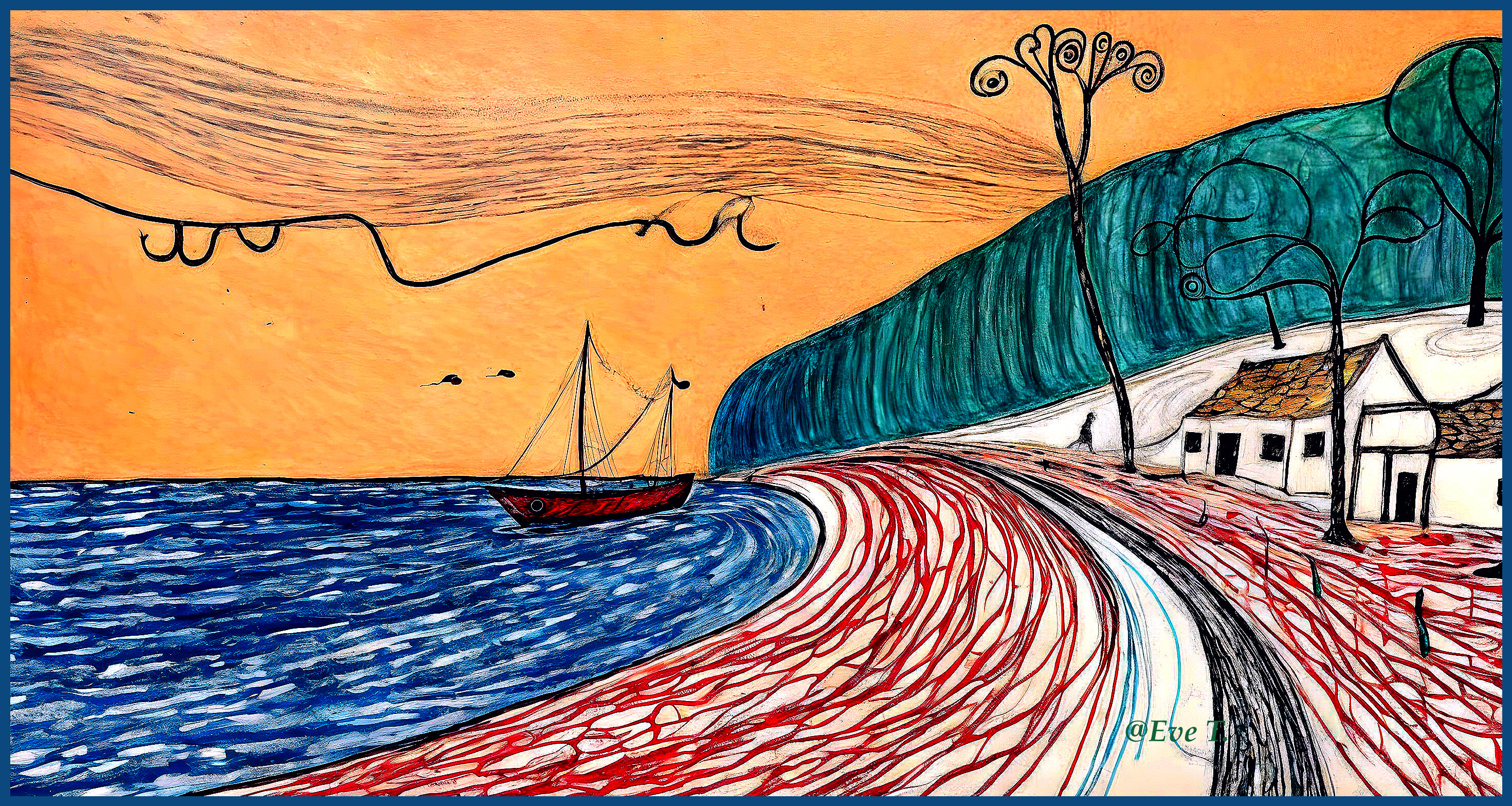 Vibrant Coastal Scene with Boat and Quaint House