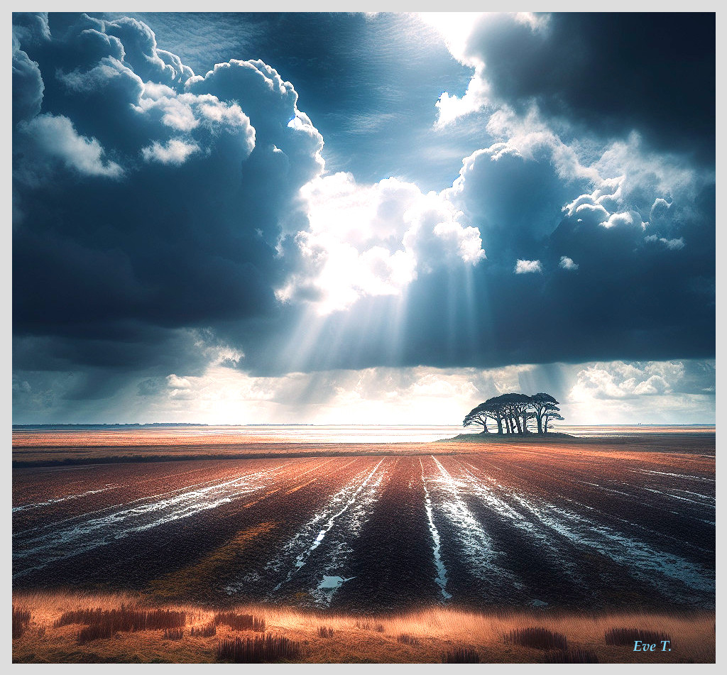 Dramatic Landscape with Open Field and Dynamic Sky