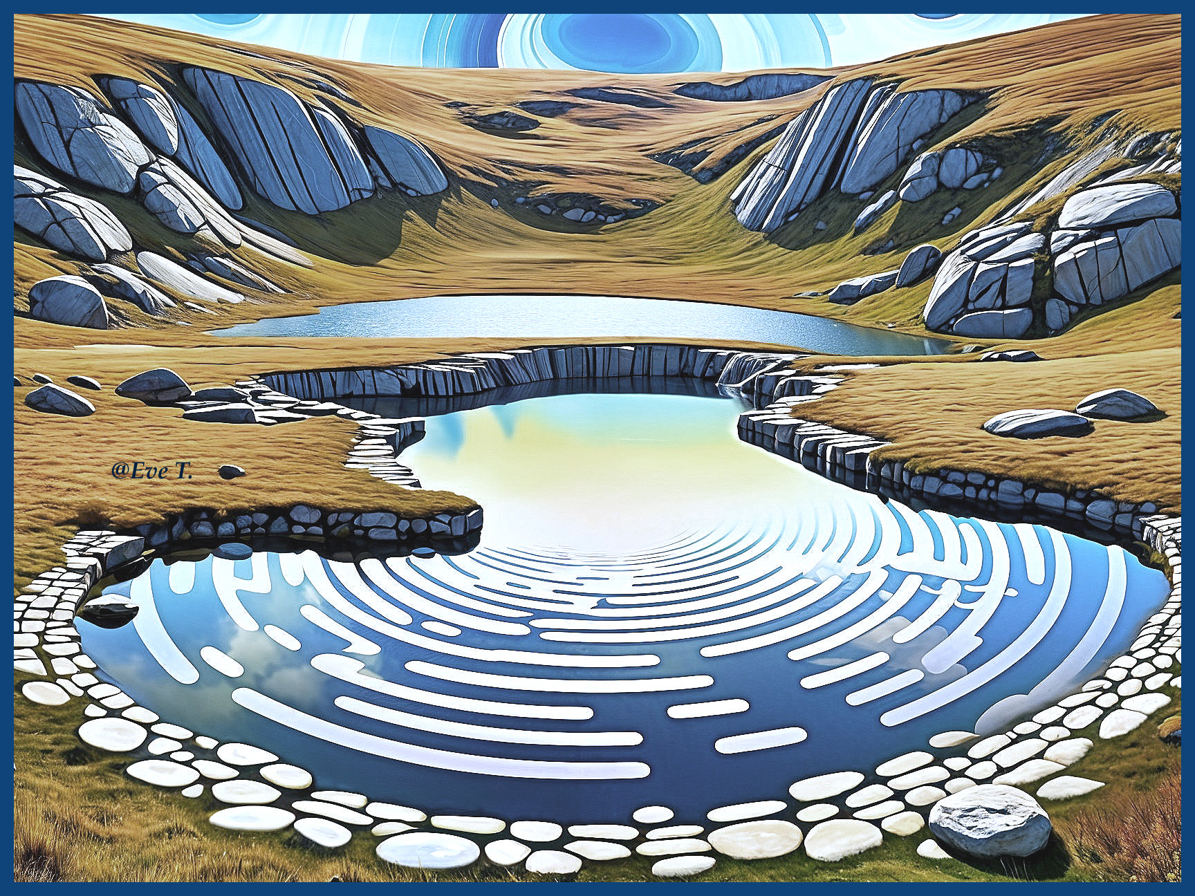 Tranquil Pond Surrounded by Hills and Rocky Outcrops