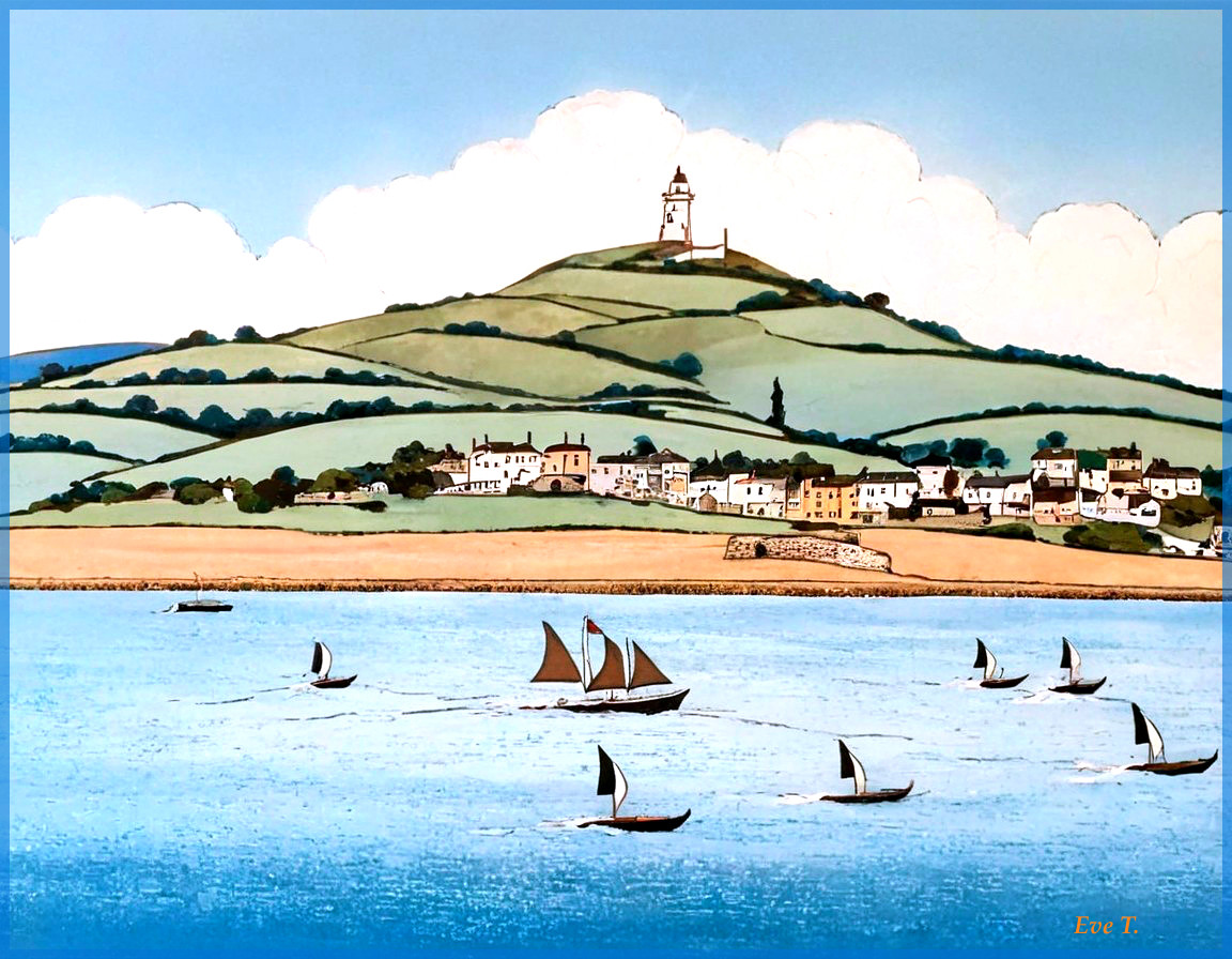 Serene hillside landscape with lighthouse and village