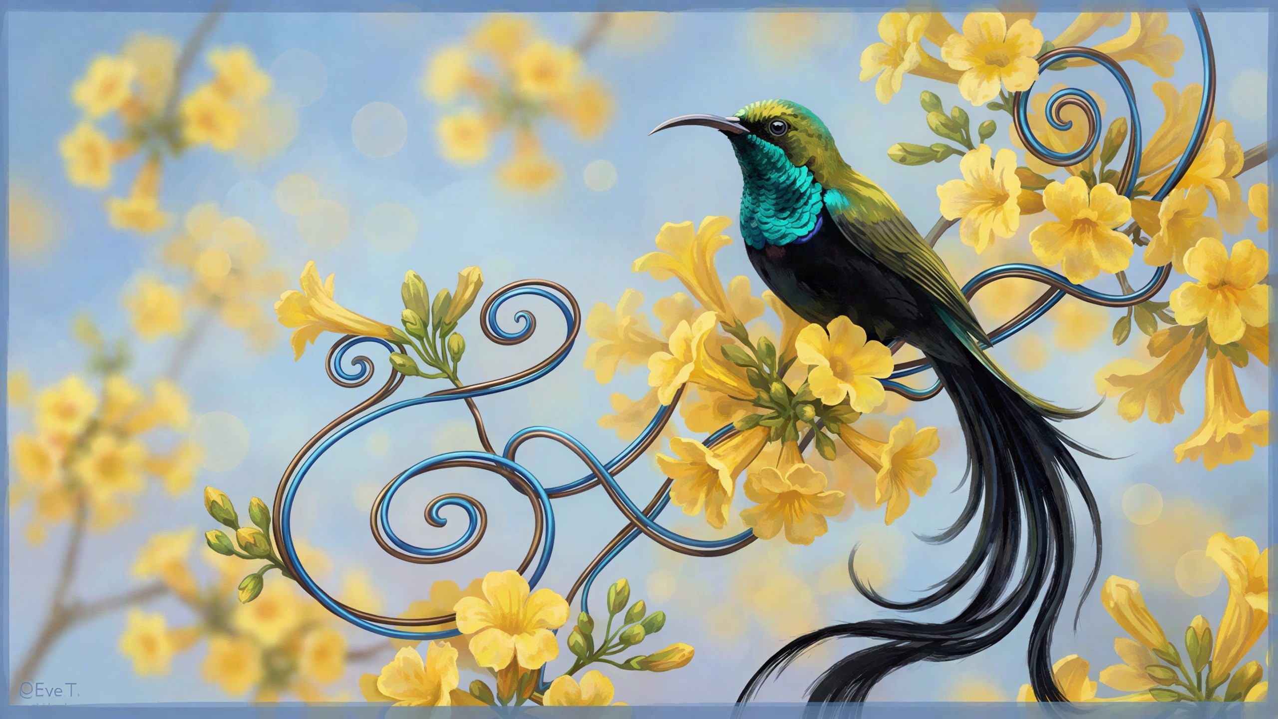 Vibrant Illustration of Hummingbird Among Yellow Flowers