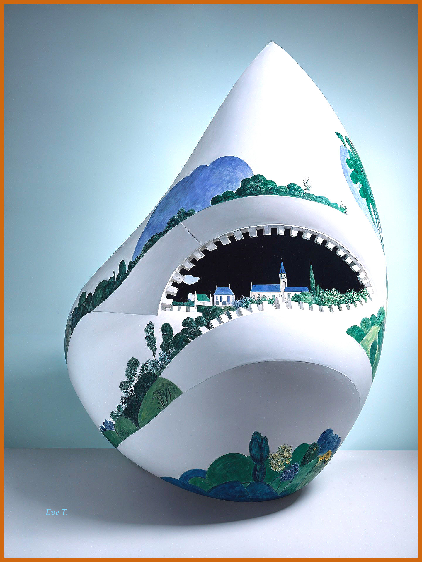 Ceramic Teardrop Sculpture with Hand-Painted Landscapes