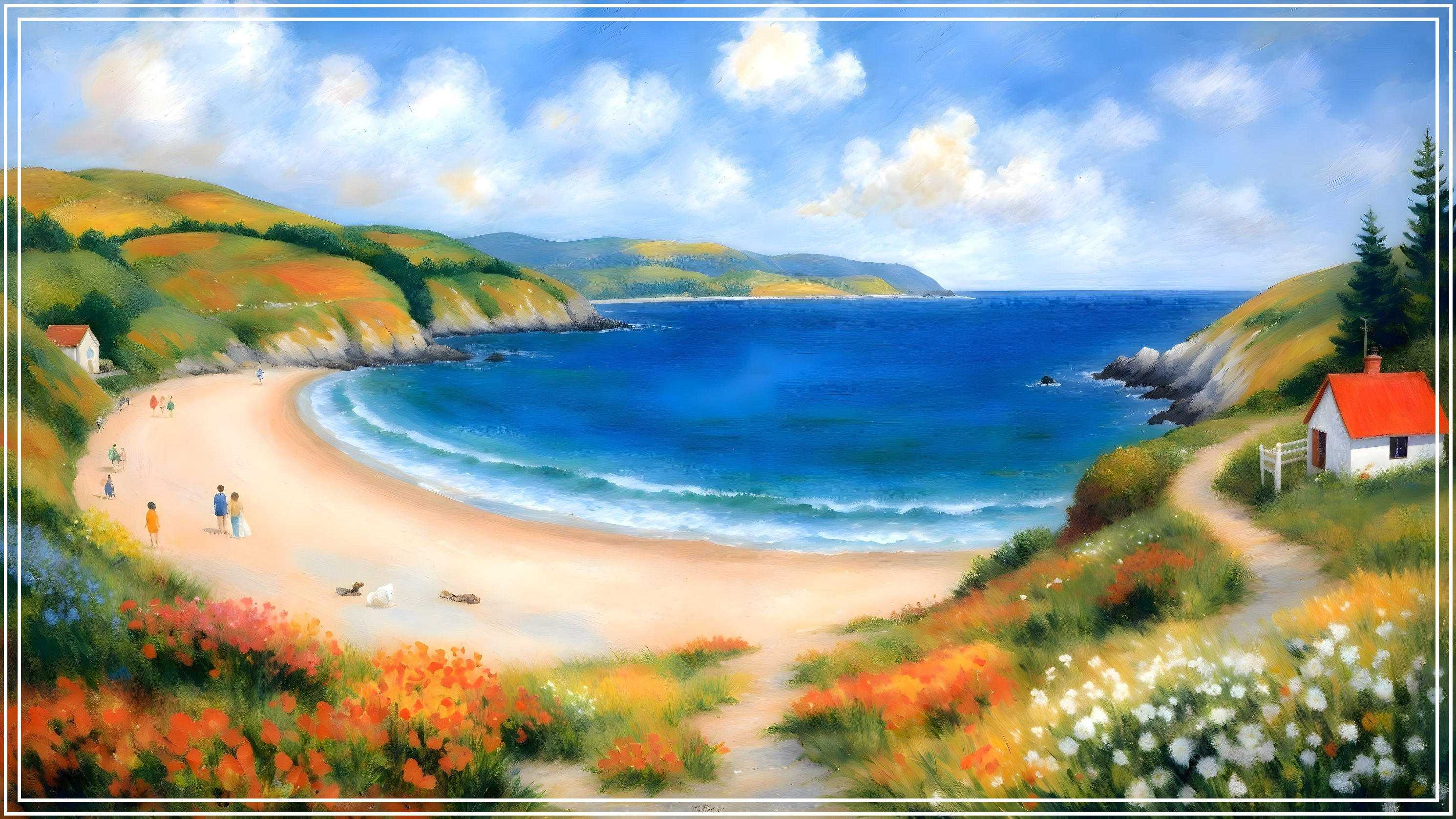 Coastal Scene with Beach, Wildflowers, and Cottage