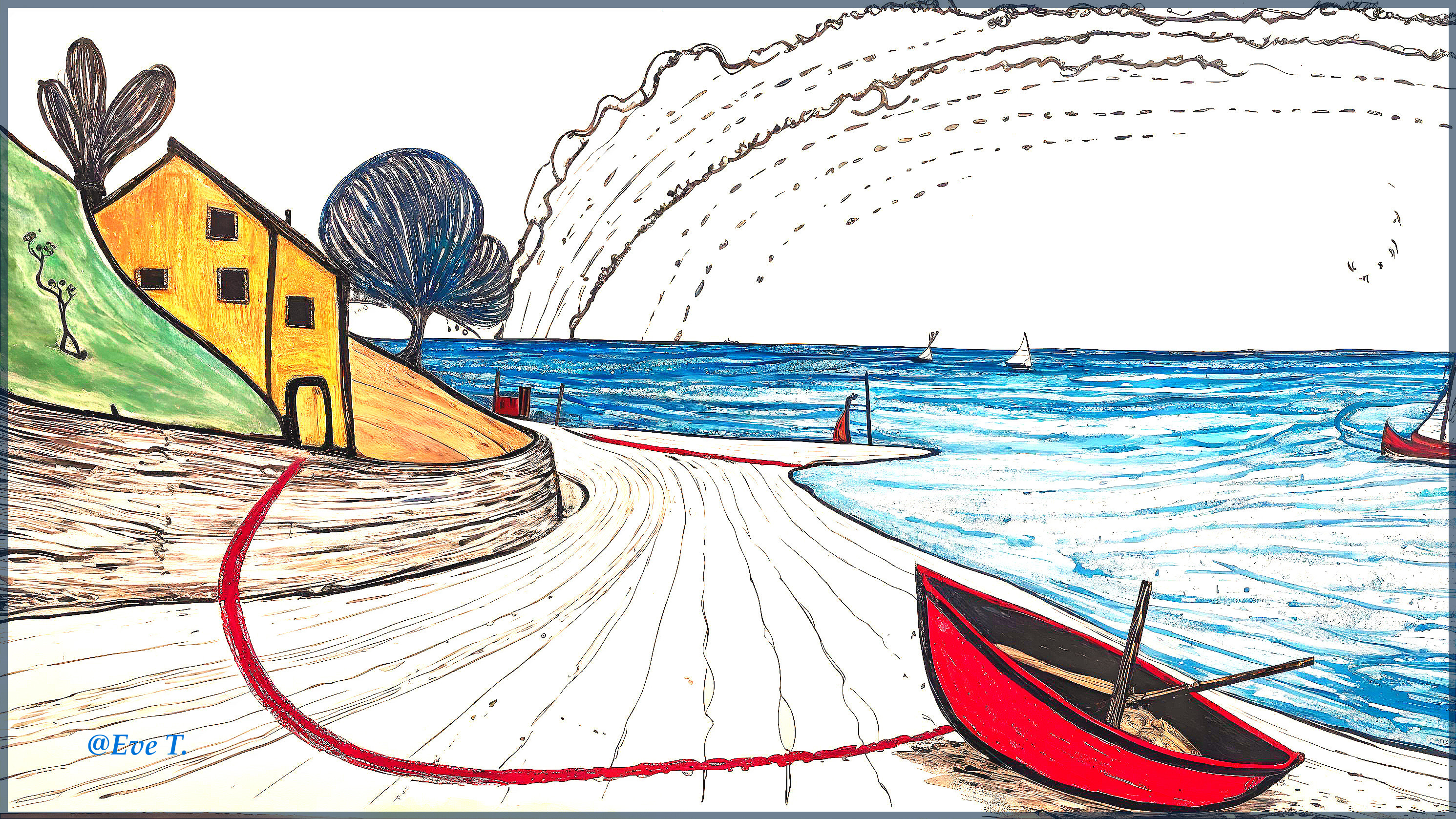 Vibrant Seaside Landscape with Path and Boat