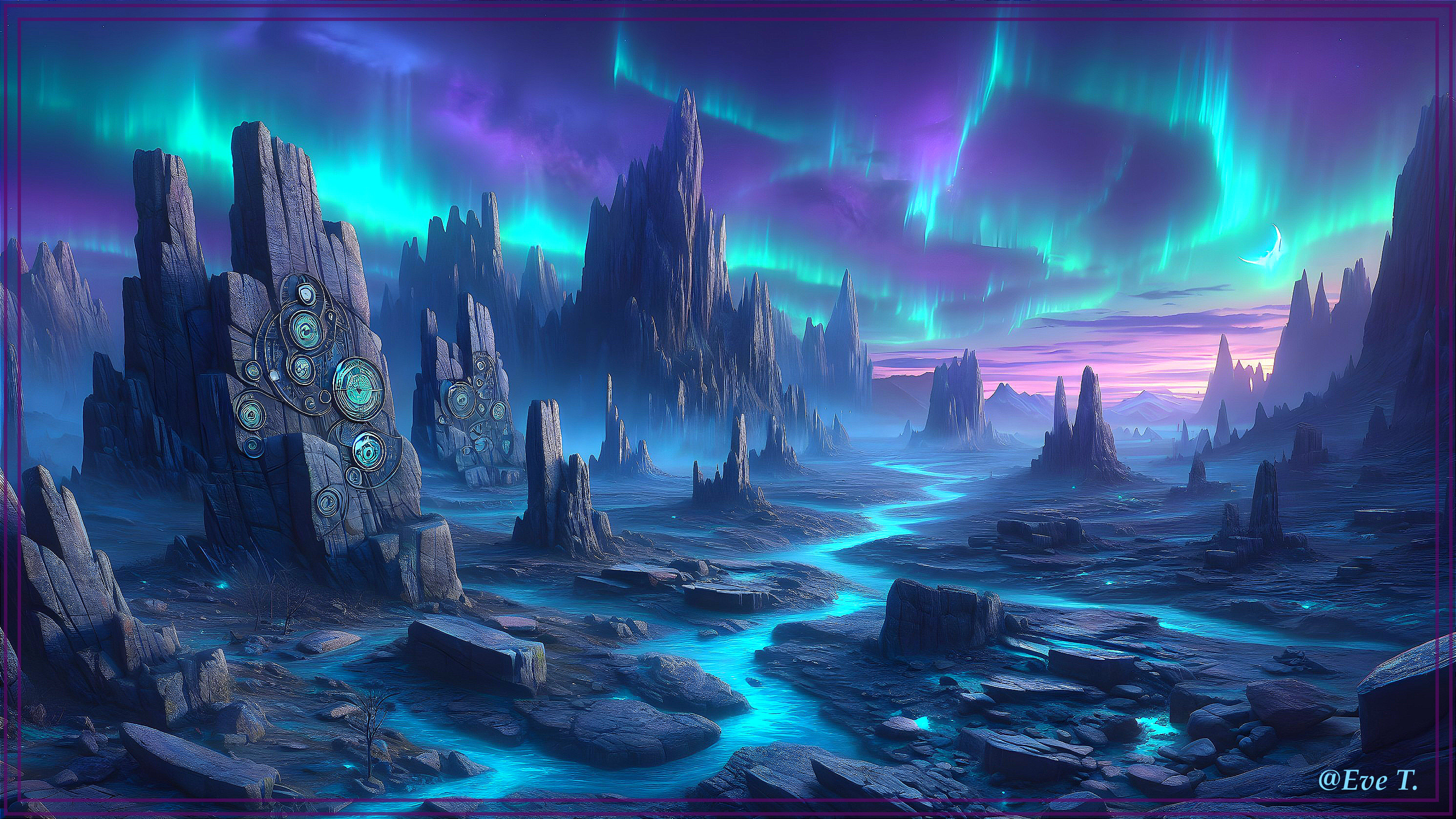 Alien Landscape with Jagged Rocks and Vibrant Auroras