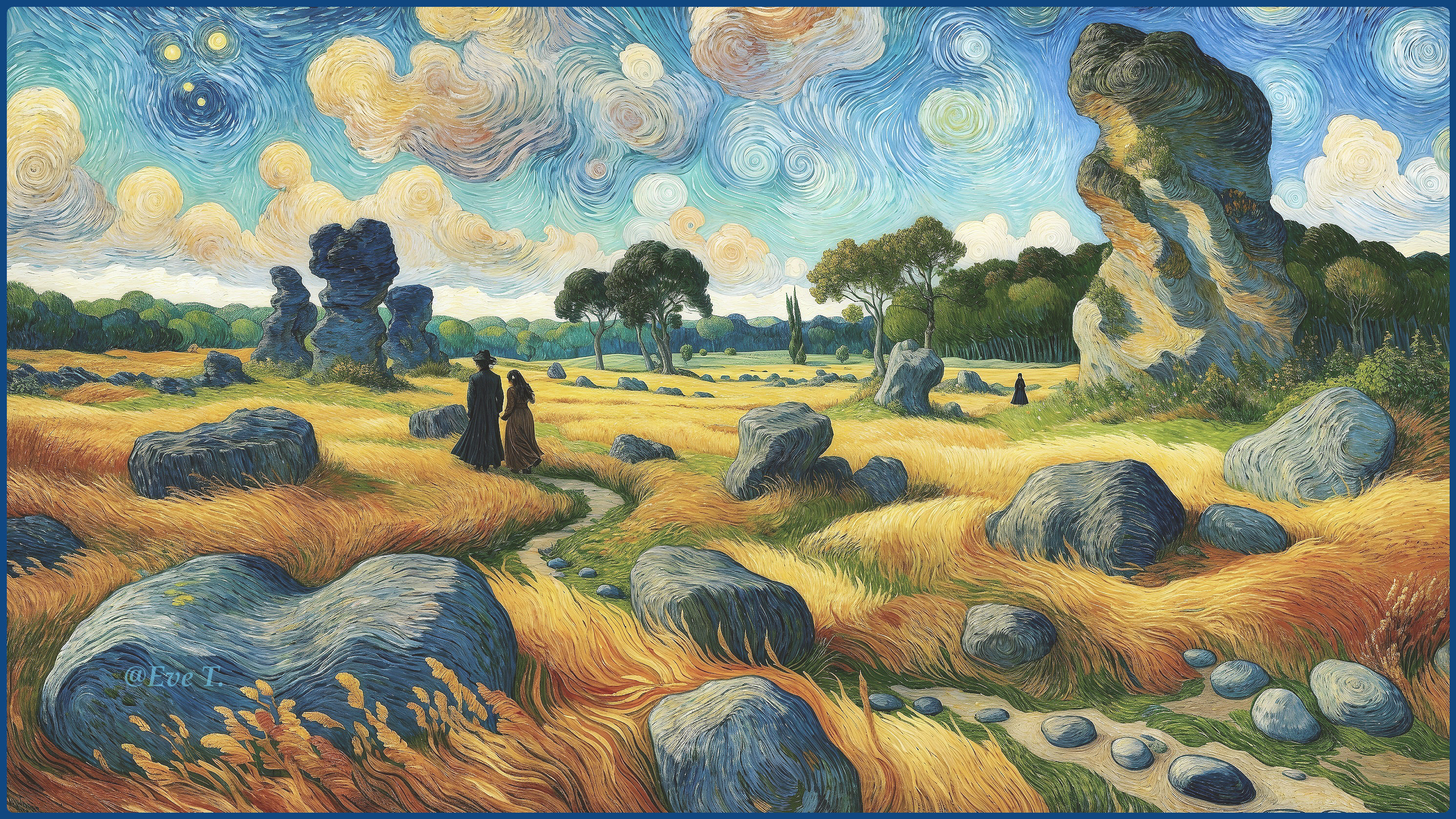 Vibrant Landscape with Figures and Reflective Water Body
