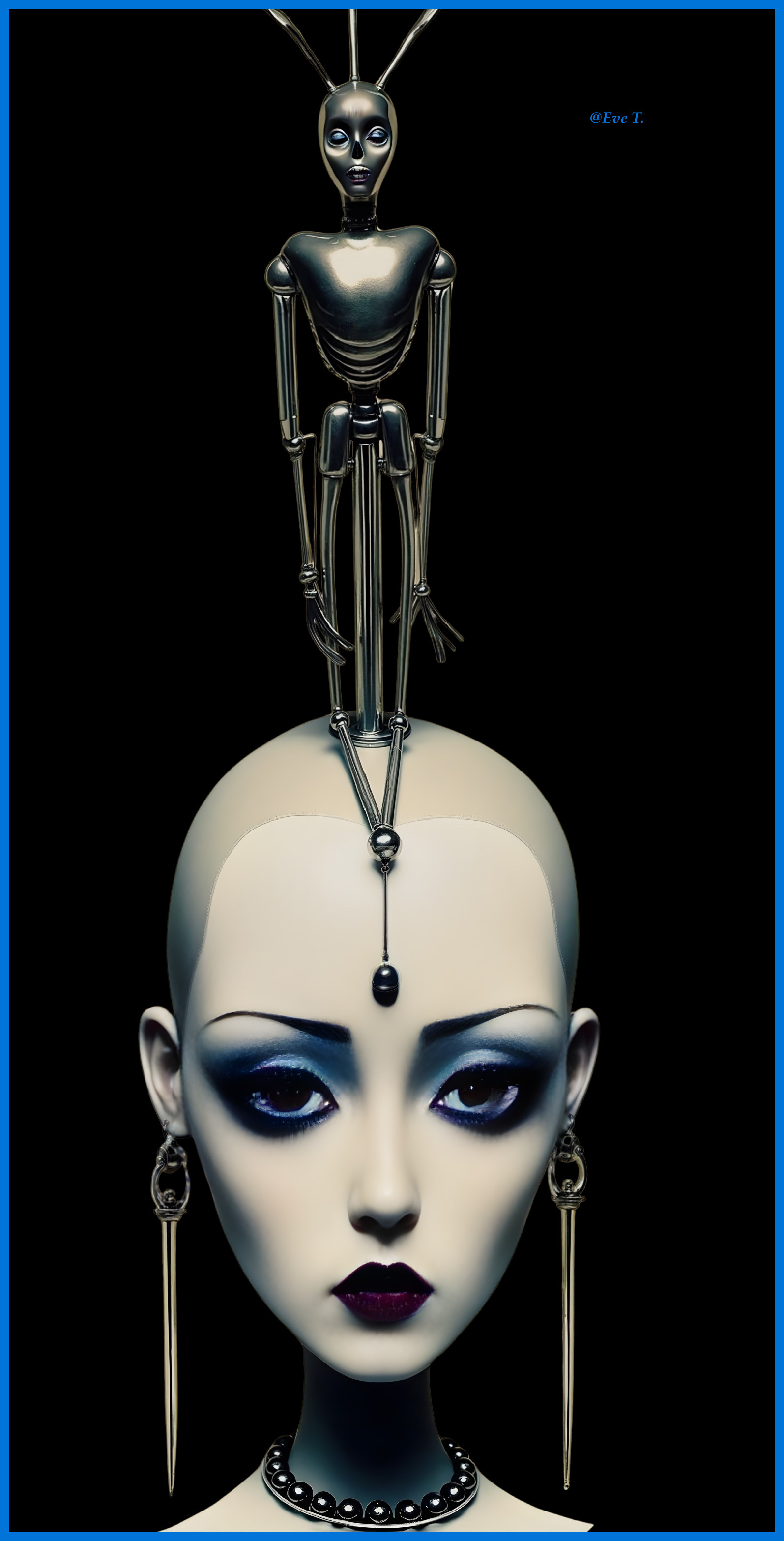 Gothic Figure with Bald Head and Metallic Skeleton