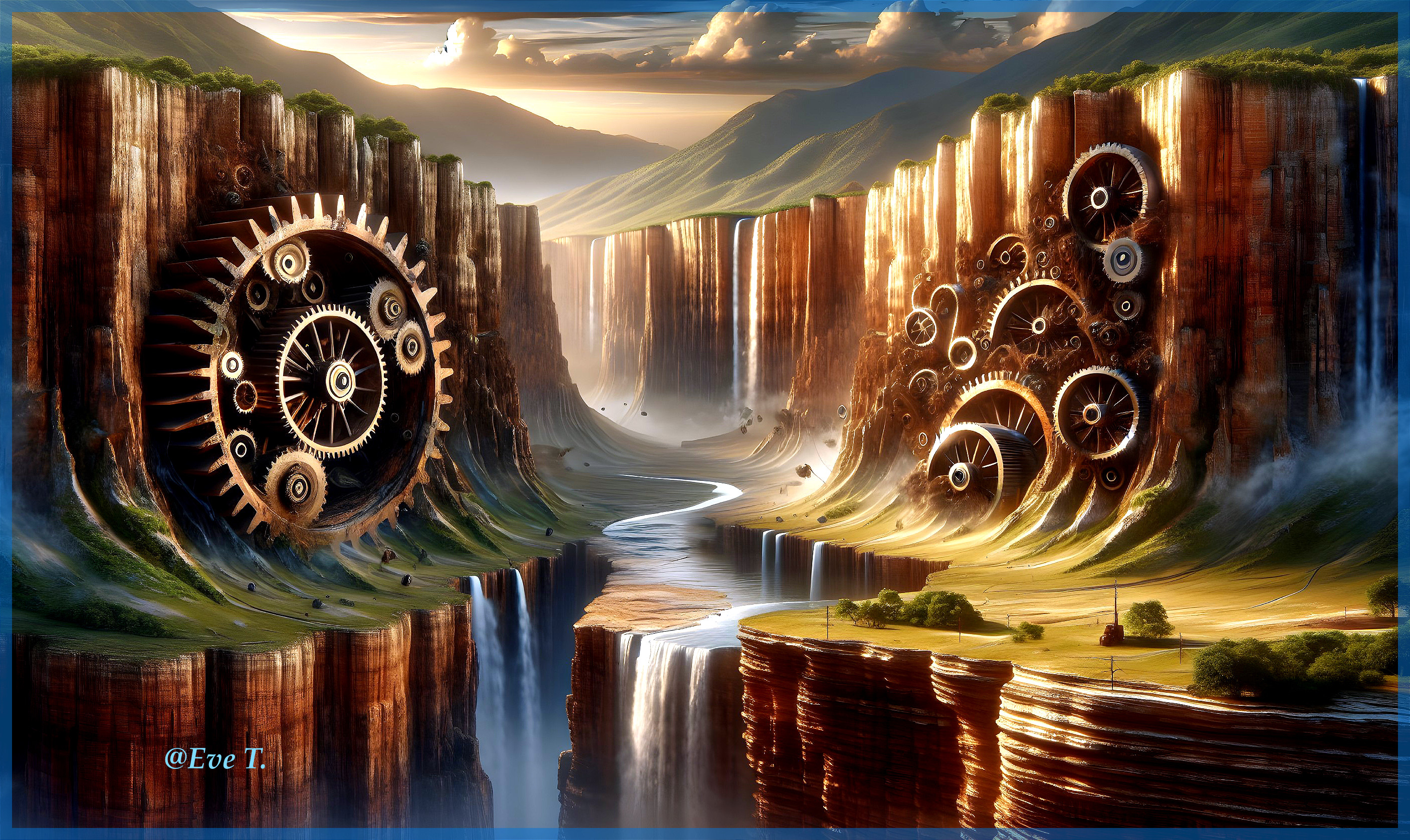 Towering Cliffs with Clock Gears and Waterfalls