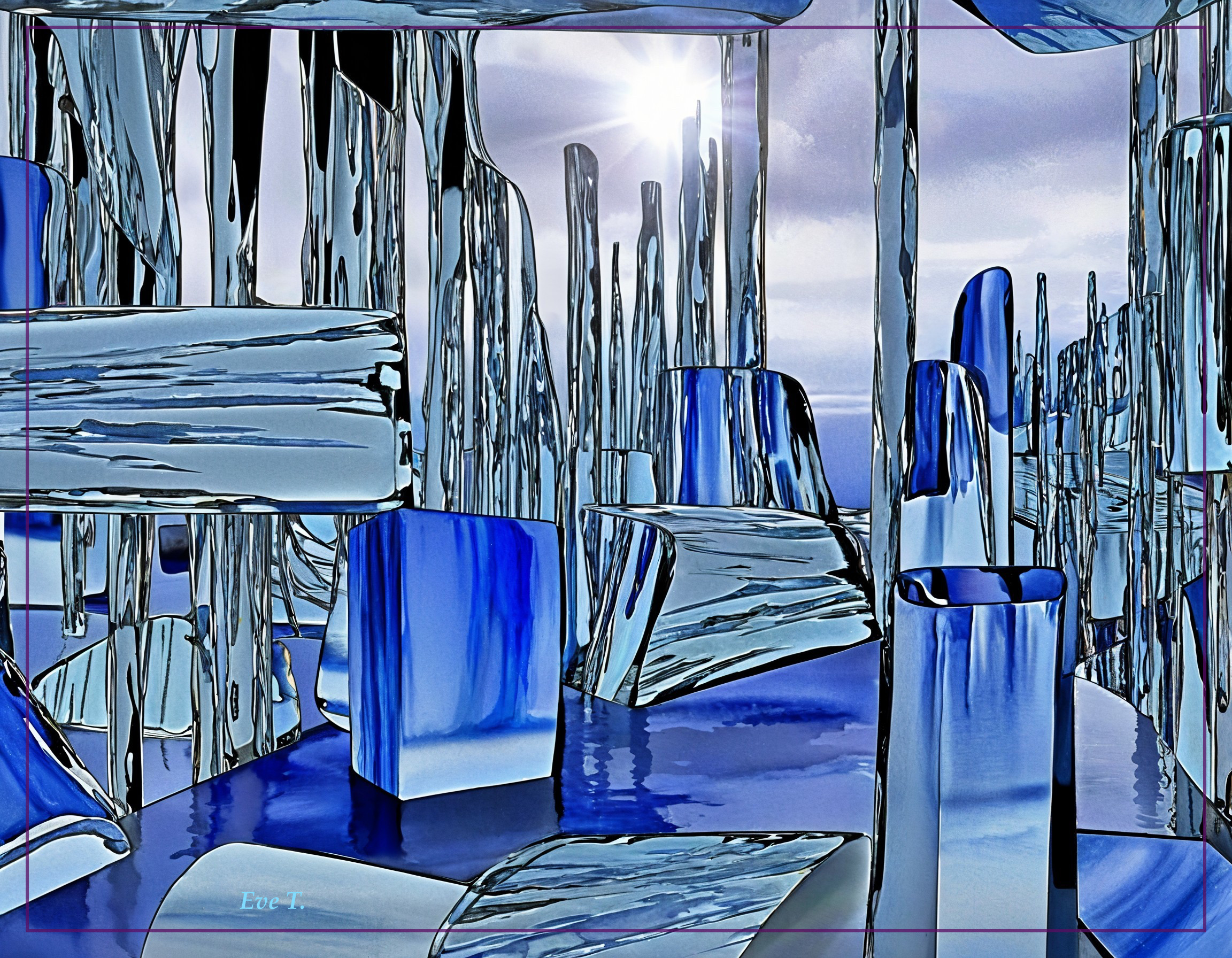 Surreal Landscape with Blue and Silver Geometric Shapes