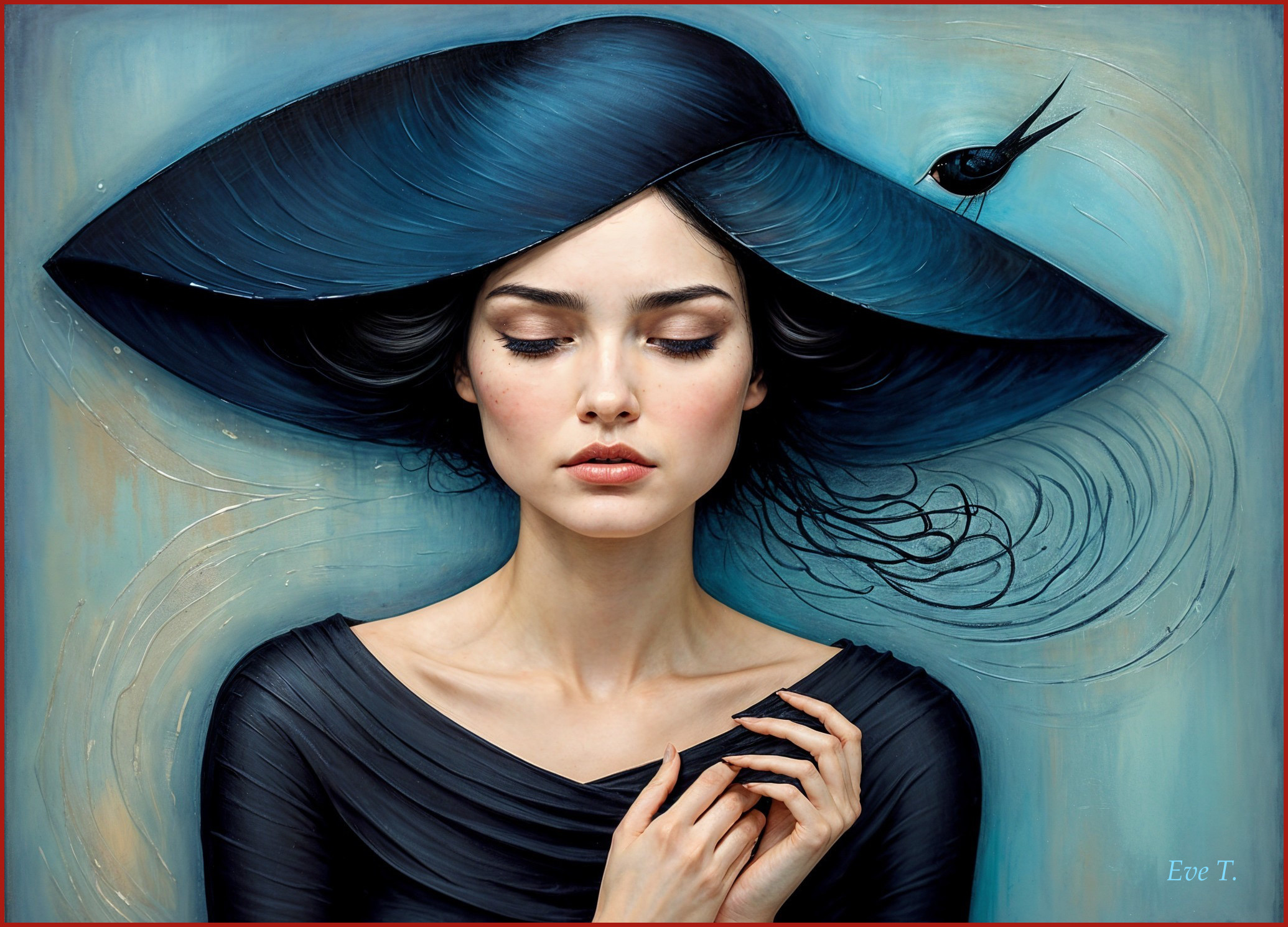 Portrait of a woman in a large black hat with blues