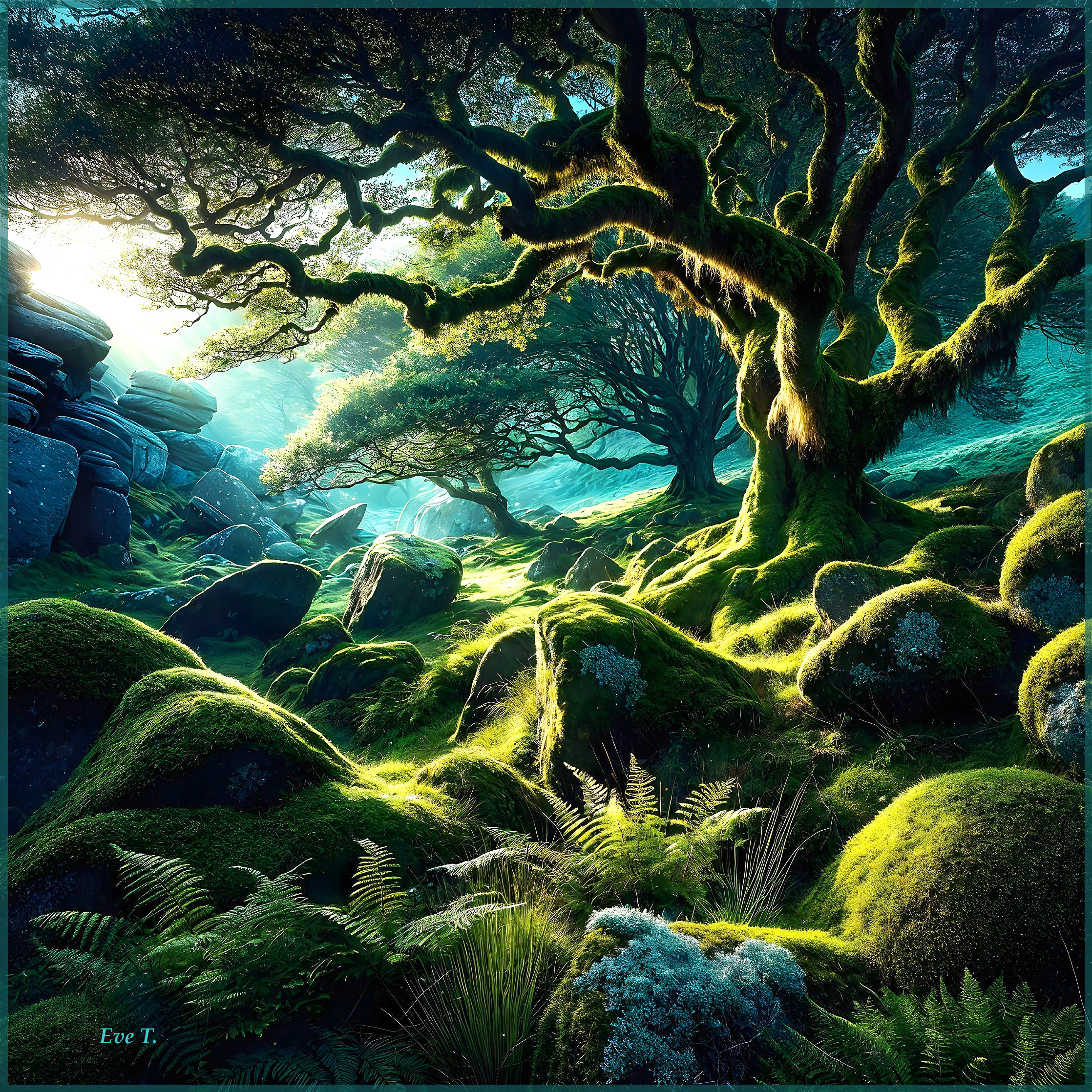 Serene forest scene with ancient trees and moss
