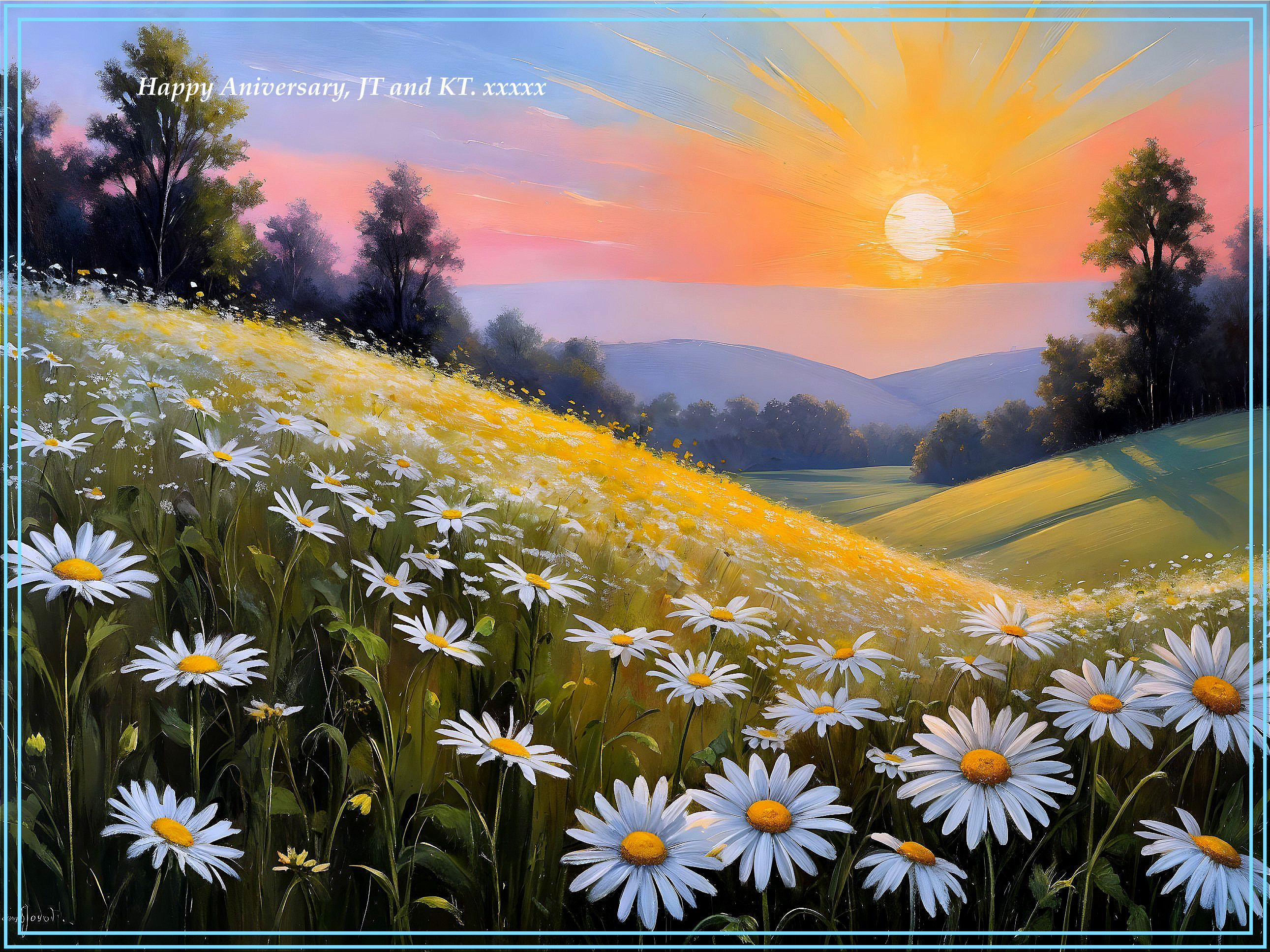 Serene Sunset Landscape with Daisies and Anniversary Message
