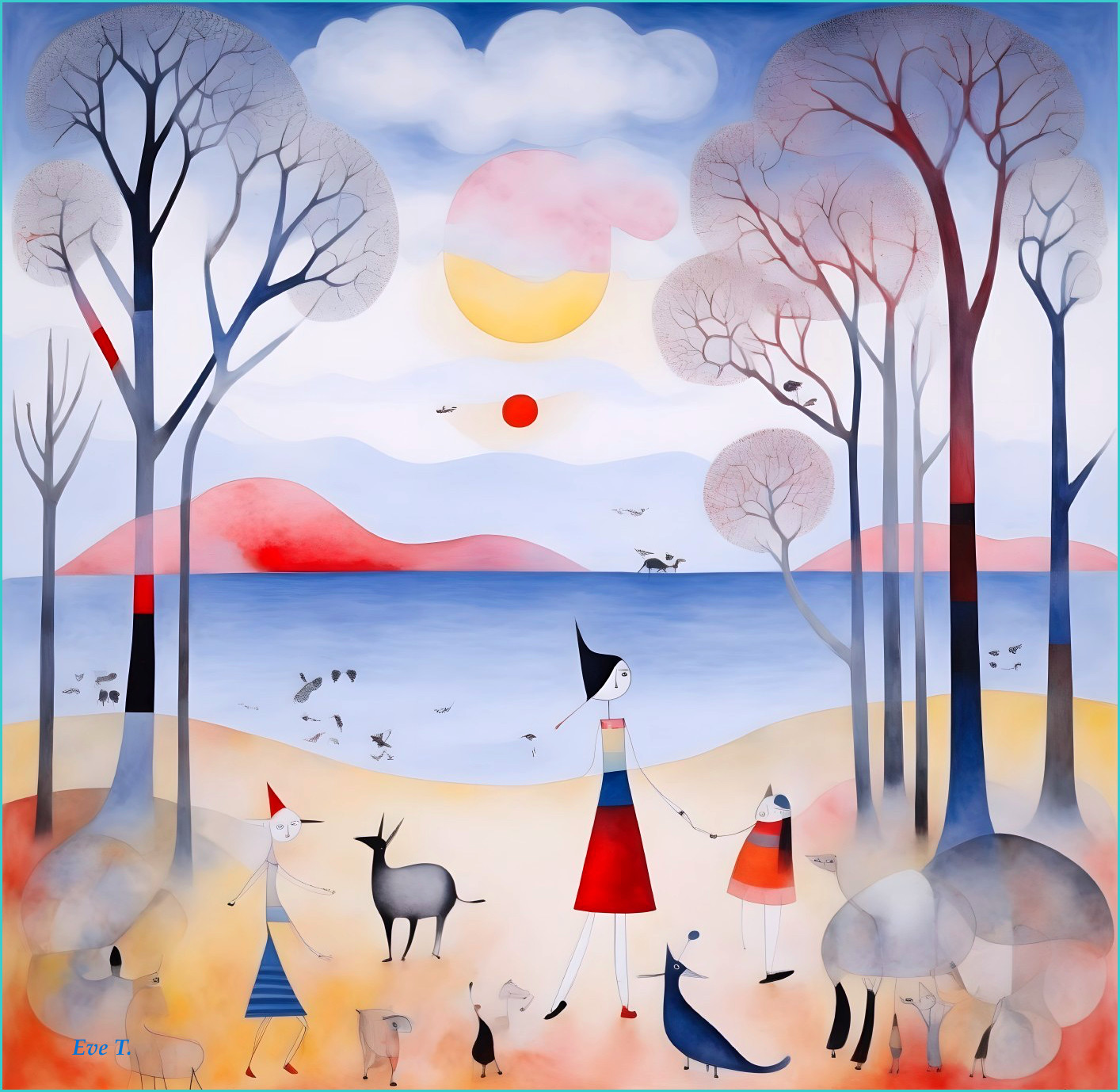 Whimsical Landscape with Figures and Animals on Shore