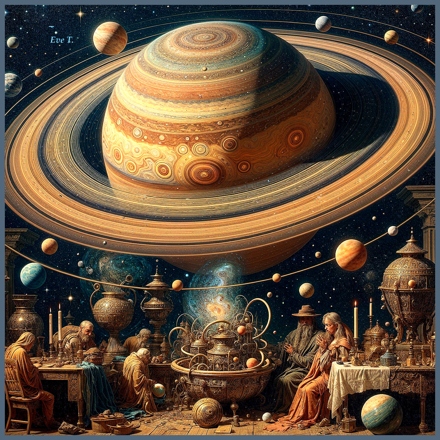 Surreal Cosmic Scene with Saturn and Cloaked Figures