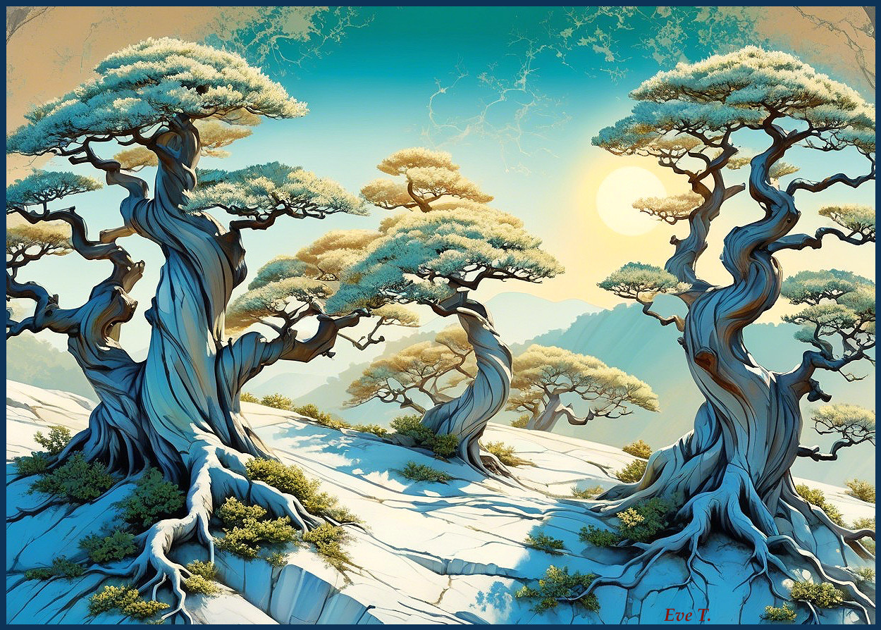 Surreal Landscape with Twisting Trees and Pastel Skies