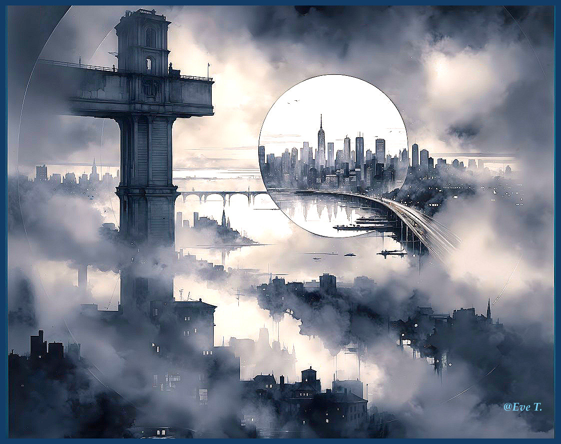 Surreal Cityscape with Mist and Towering Structure