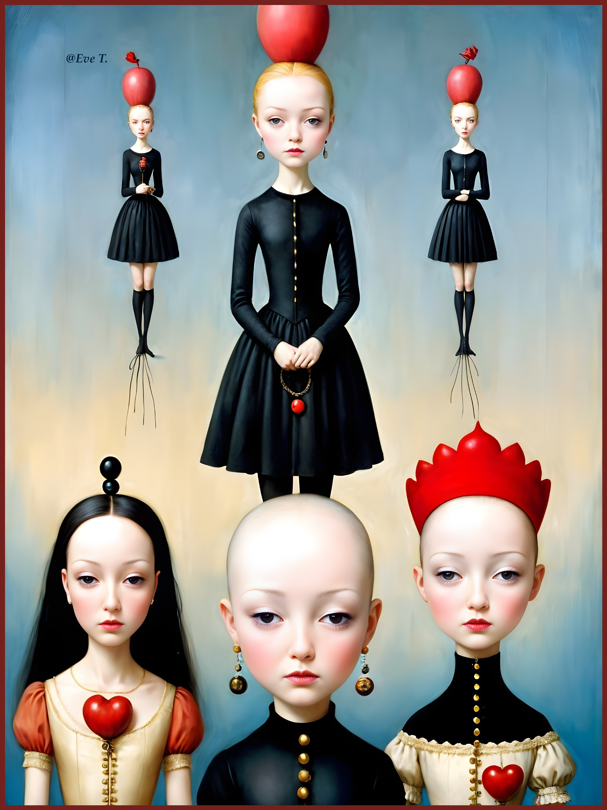 Surreal Artwork with Five Stylized Figures and Emotion