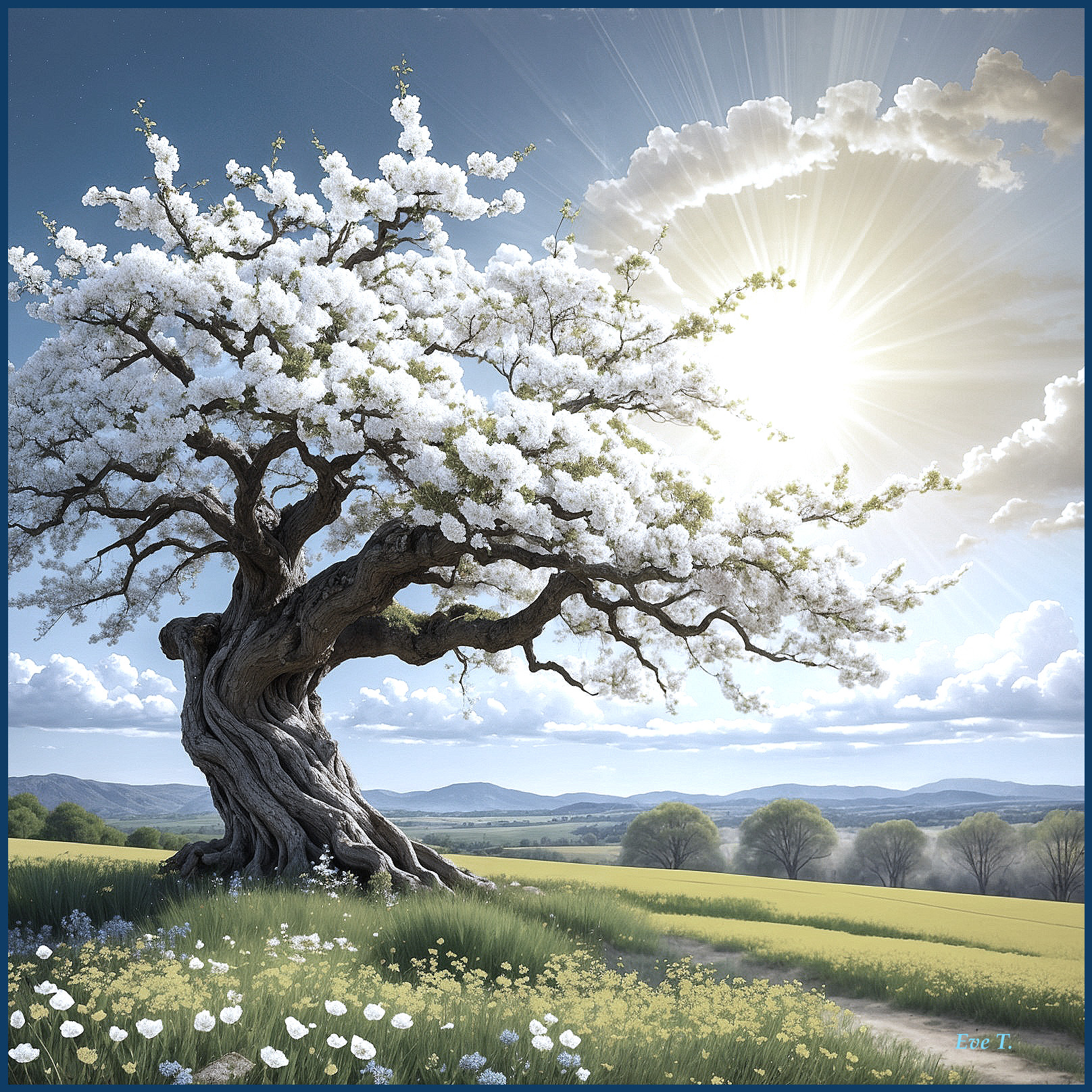 Majestic tree with white flowers in a scenic landscape