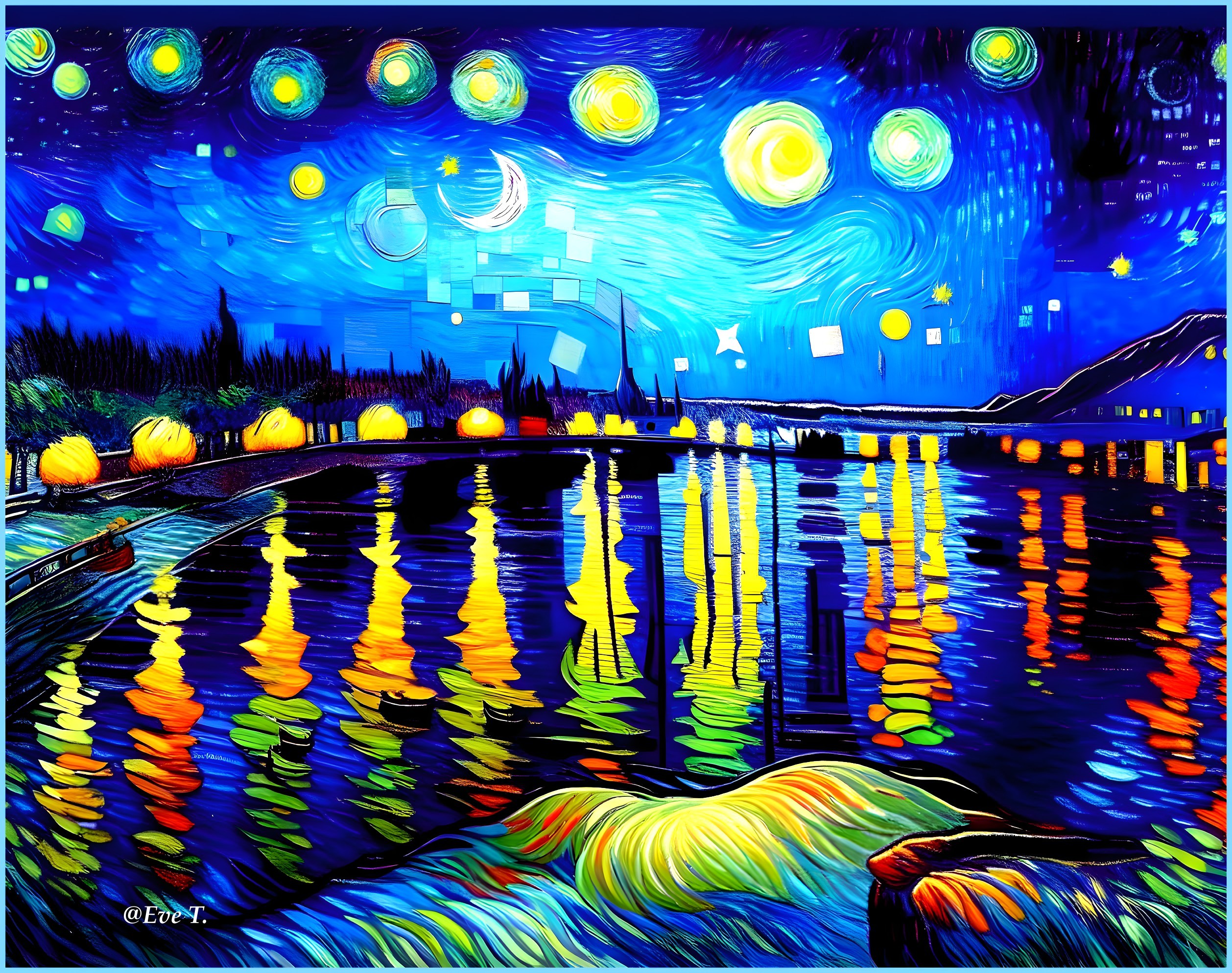 Vibrant Night Scene with Starry Sky and Reflections