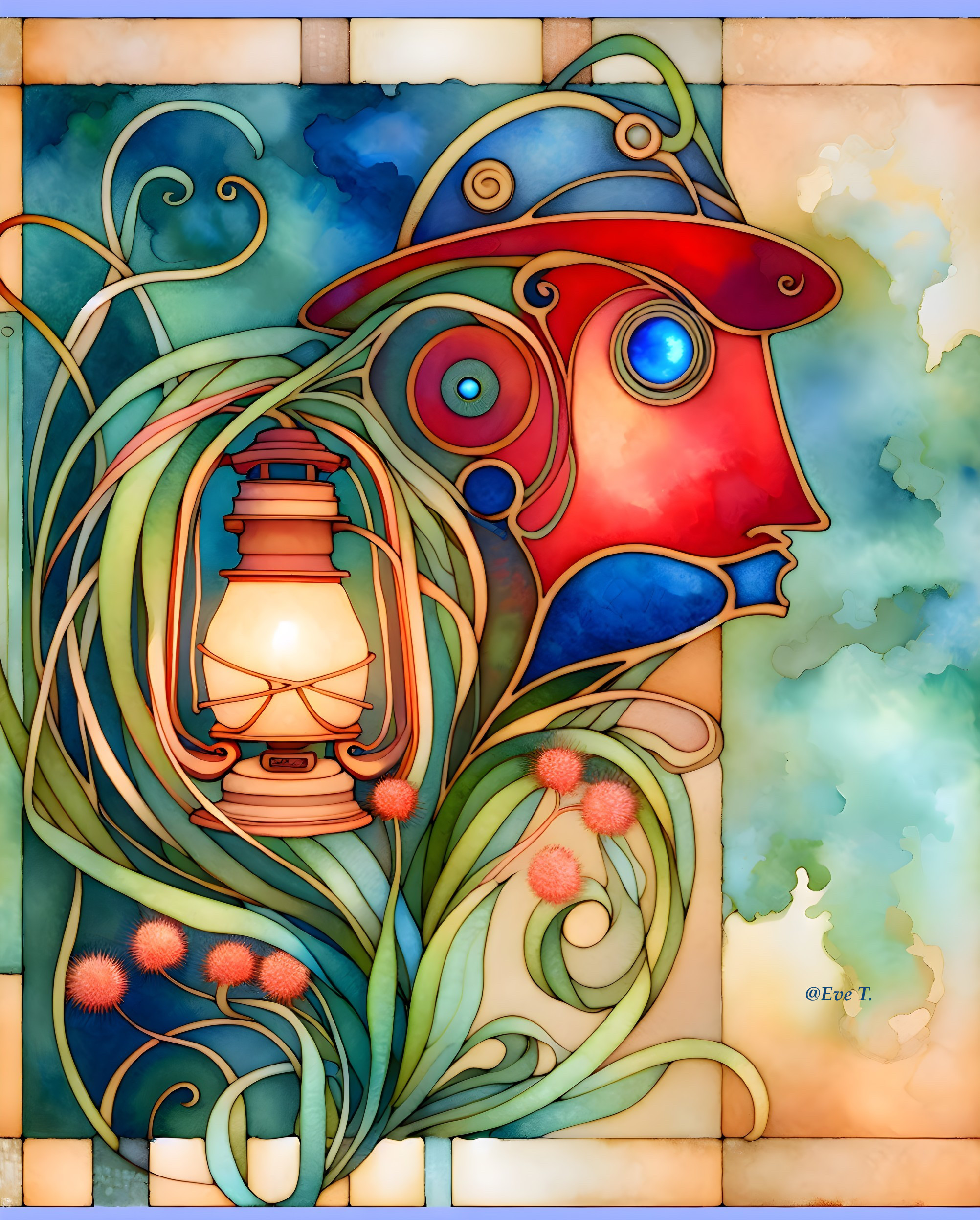 Vibrant Stained Glass Design with Floral Elements