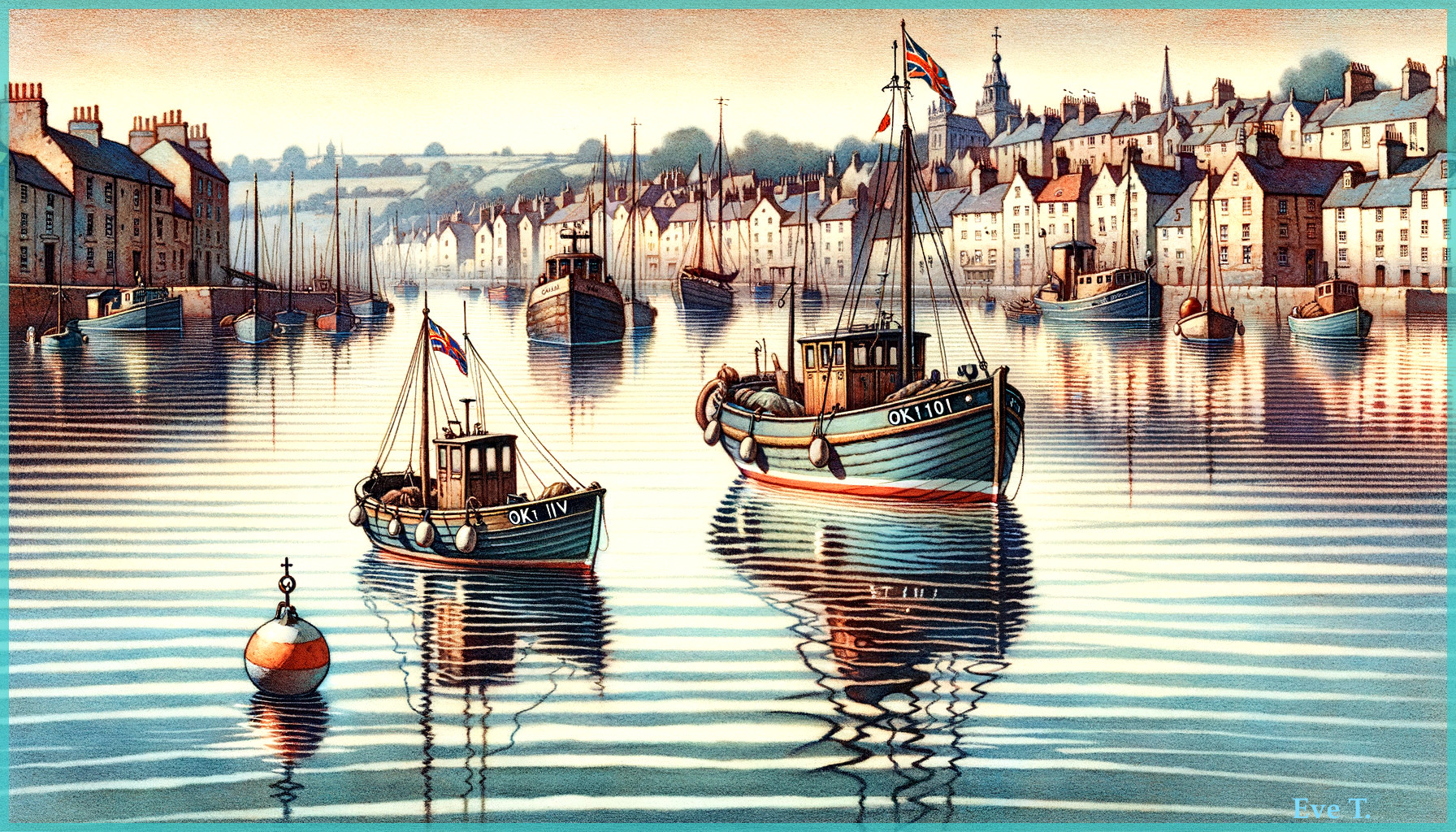Serene harbor scene with boats and quaint architecture