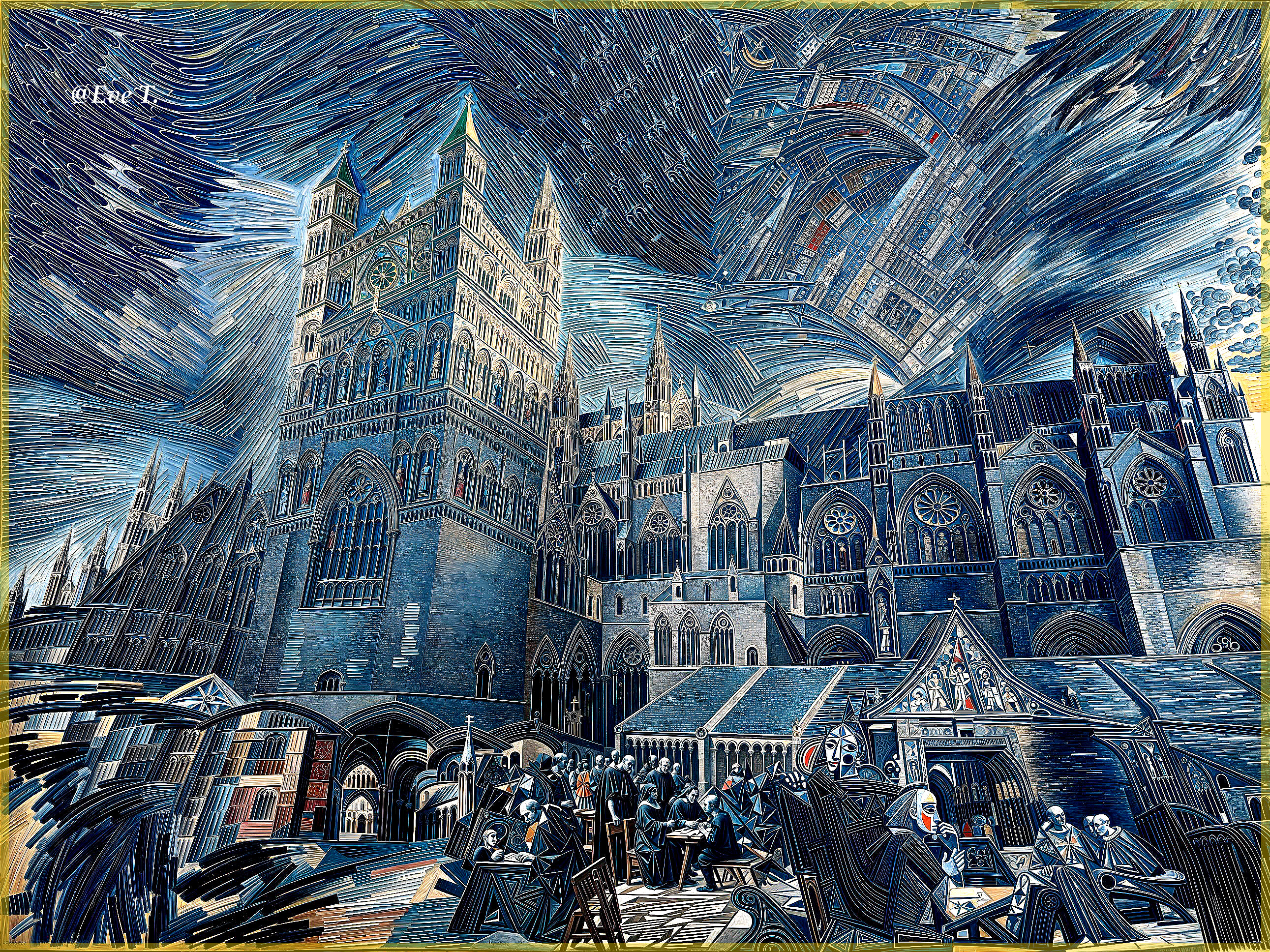 Nocturnal Neo-Impressionist Landscape with Cathedral
