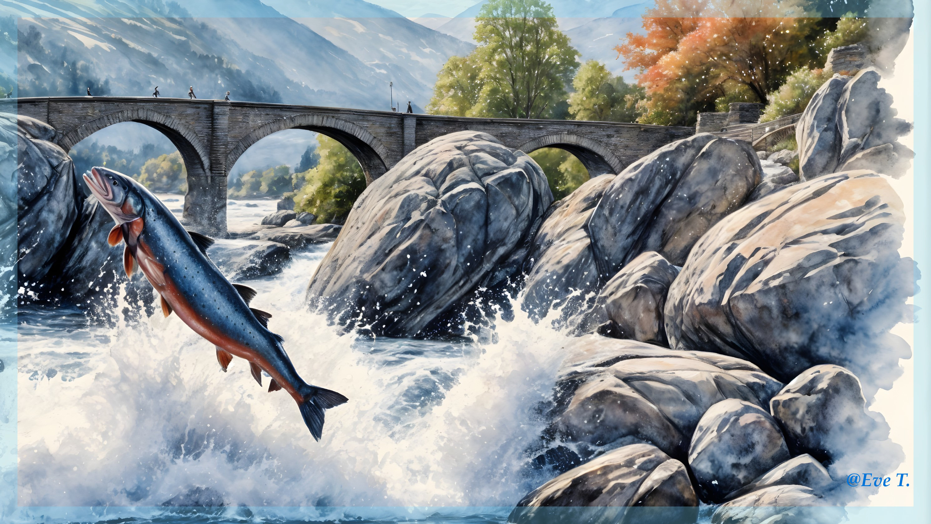 Vibrant River Scene with Fish and Stone Bridge