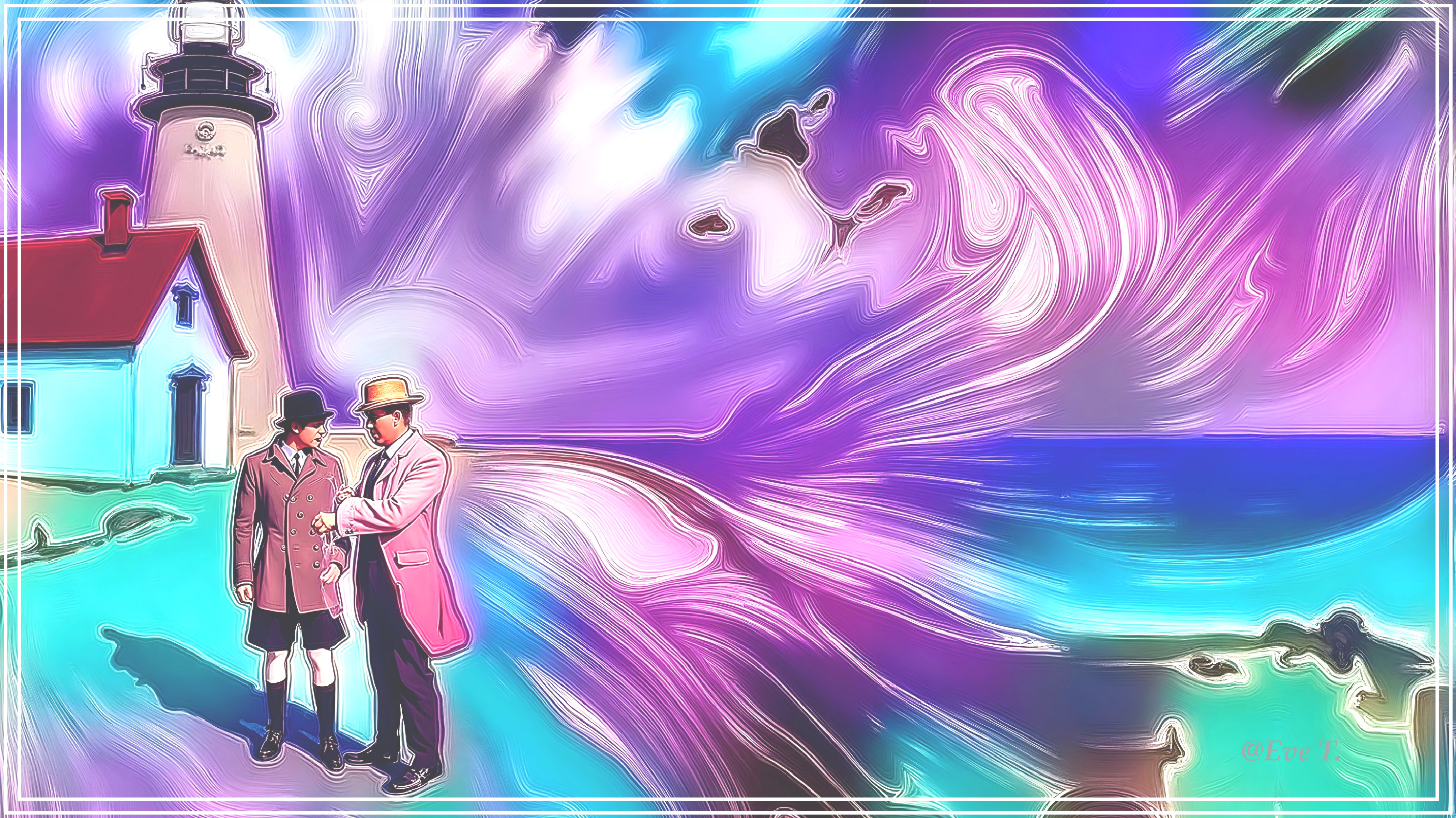 Elegantly Dressed Figures by Colorful Ocean and Lighthouse