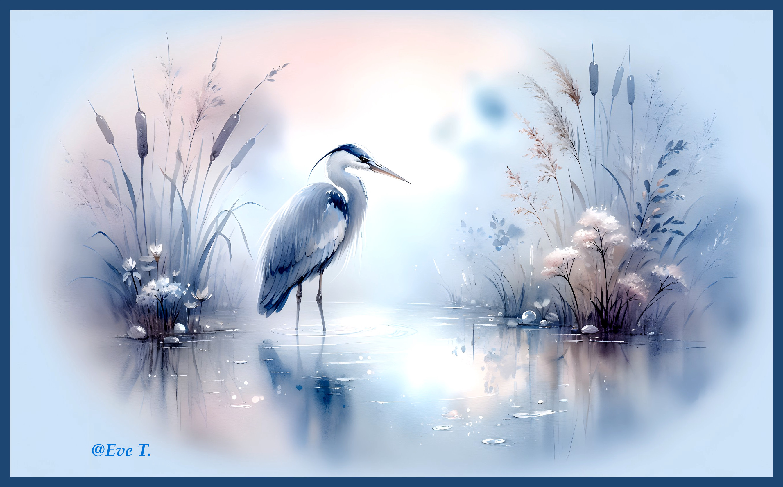 Serene Landscape with Heron in Calm Waters