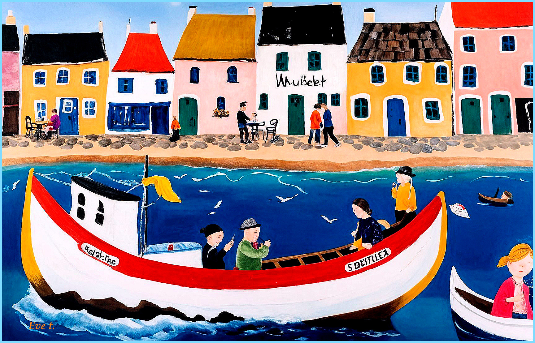 Vibrant Coastal Scene with Colorful Houses and Boats