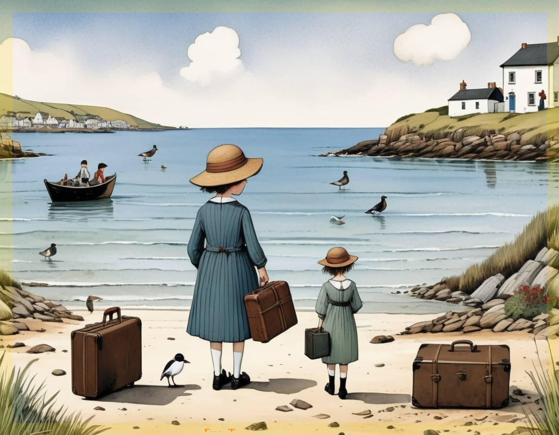 Vintage Illustration of Woman and Child by the Sea