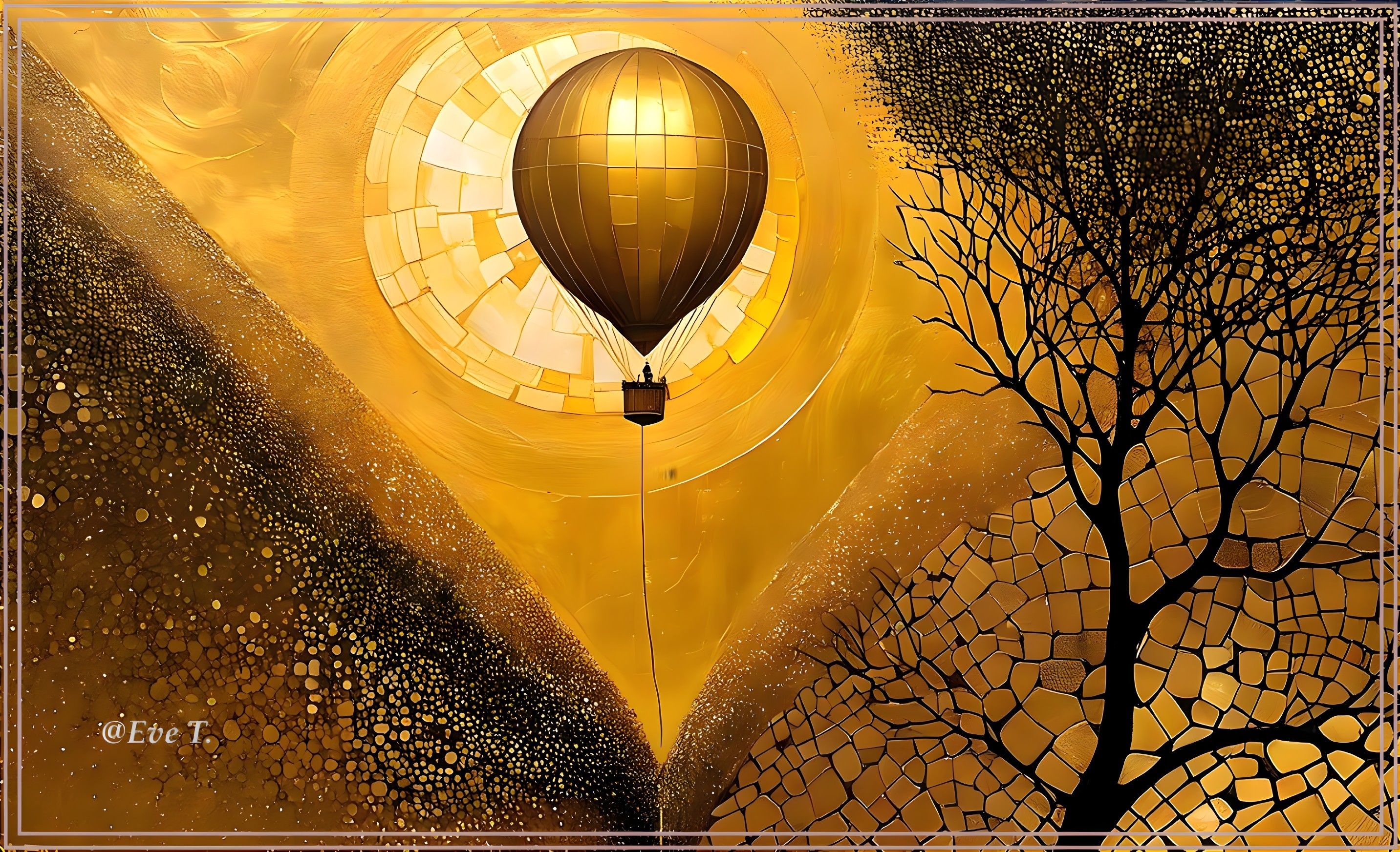 Golden Landscape with Hot Air Balloon and Abstract Tree