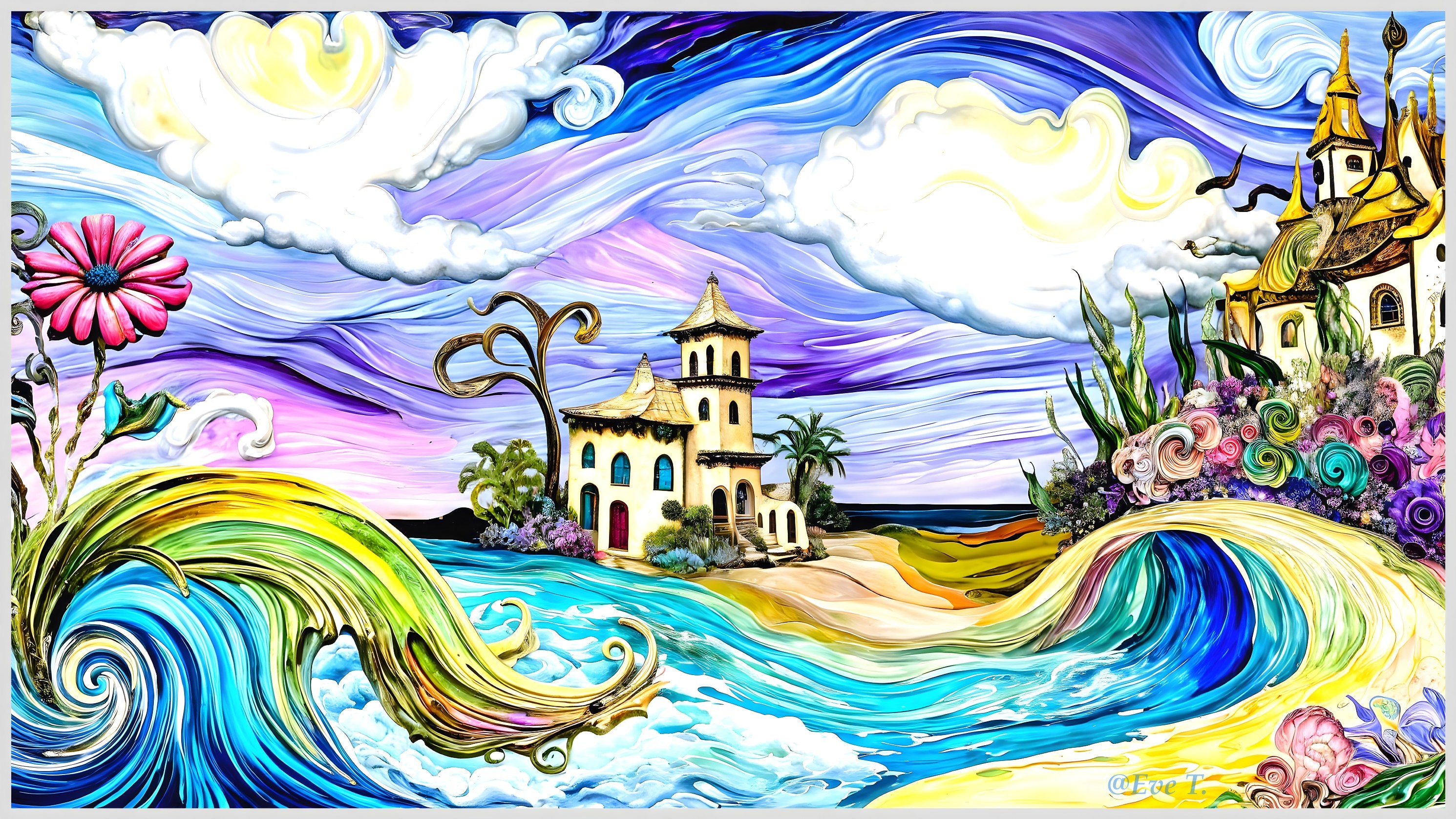 Vibrant Coastal Landscape with Whimsical Architecture