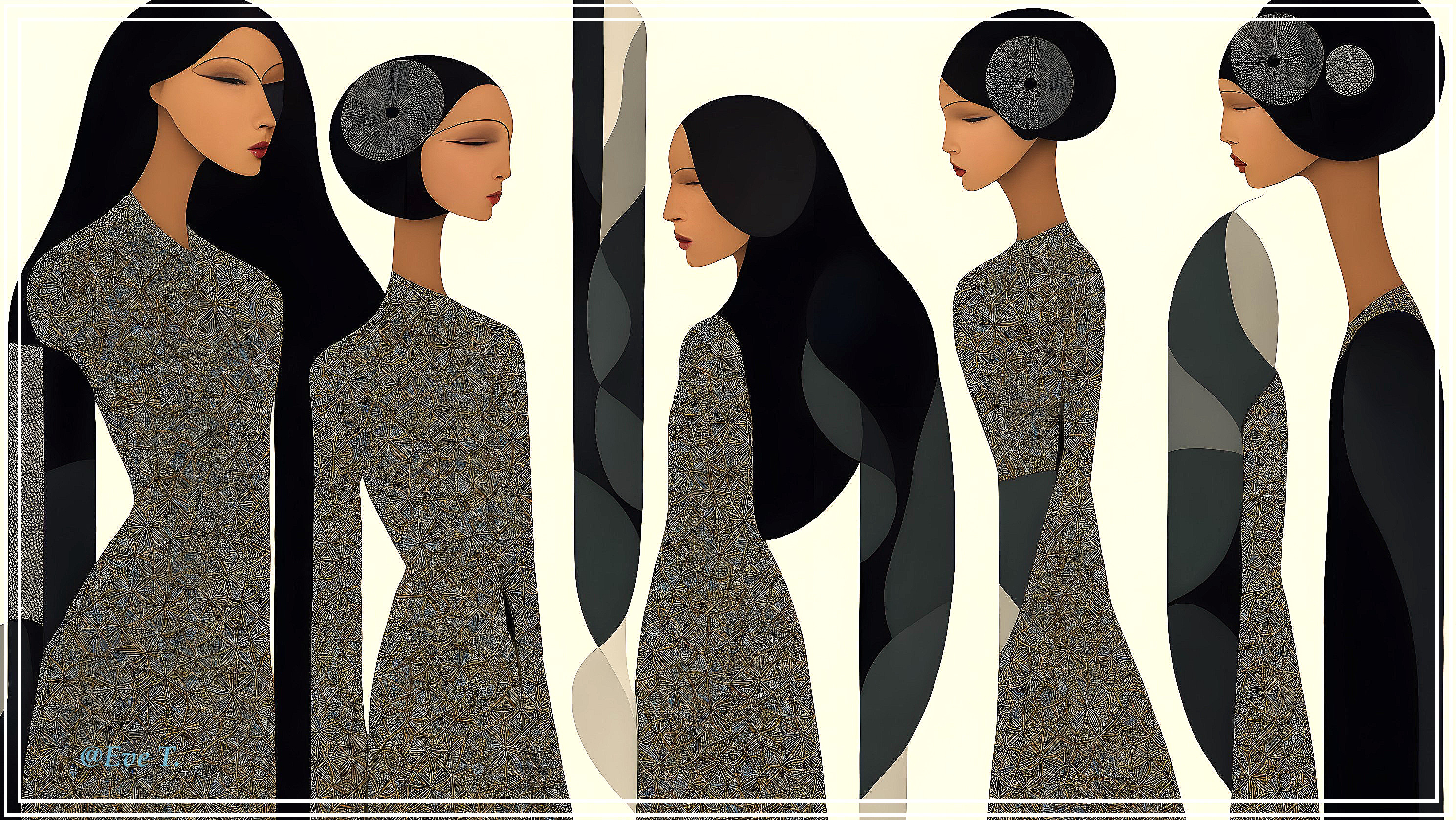 Stylized Female Figures with Flowing Hair and Patterns
