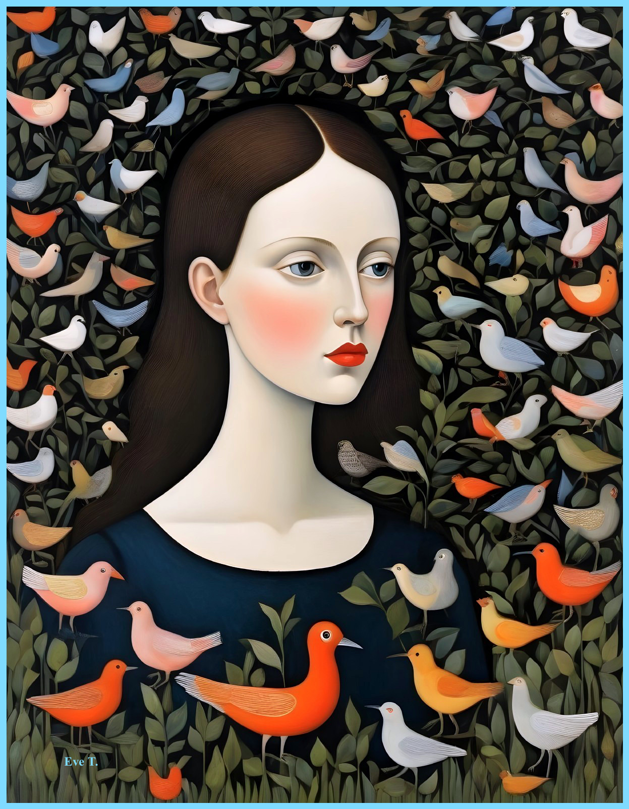 Serene Young Woman Surrounded by Colorful Birds