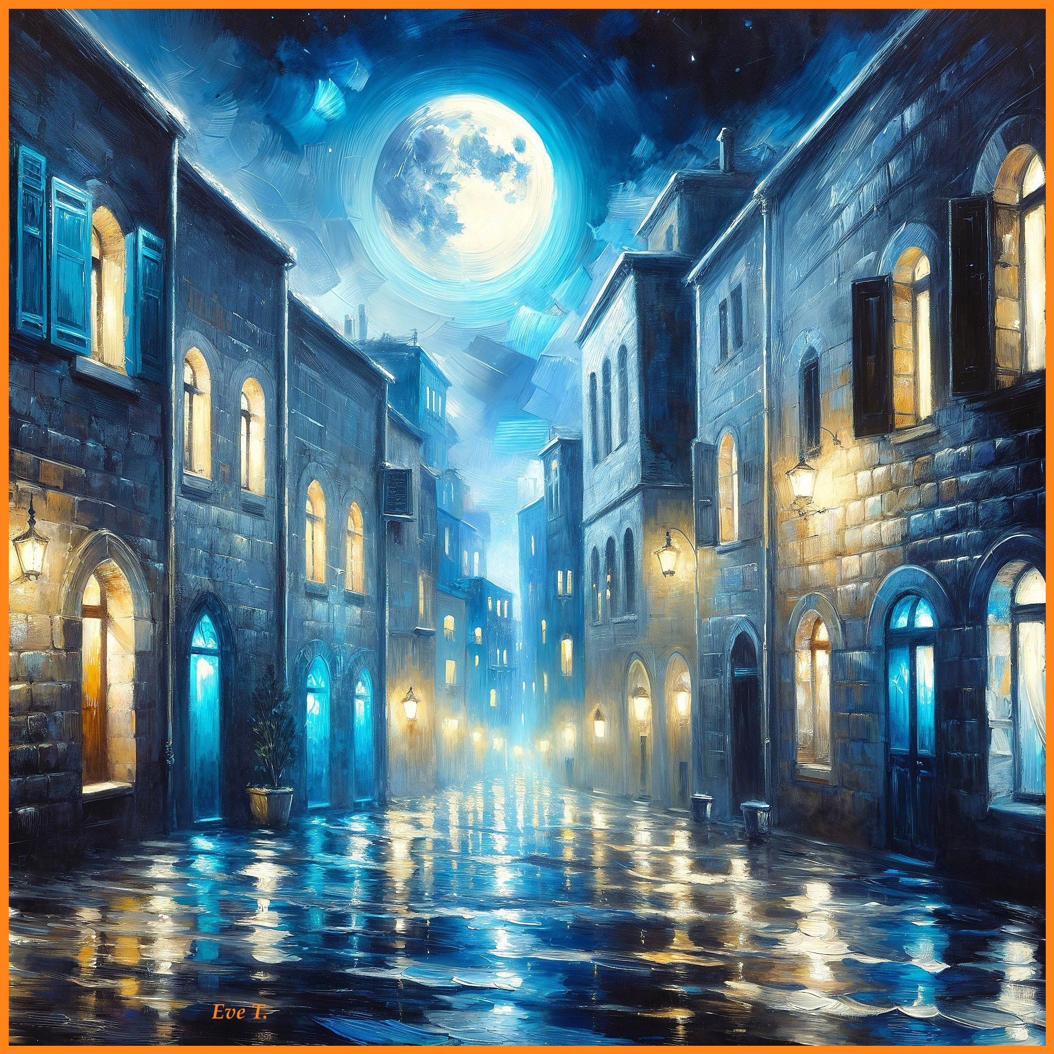 Serene Nighttime Scene on Cobblestone Street