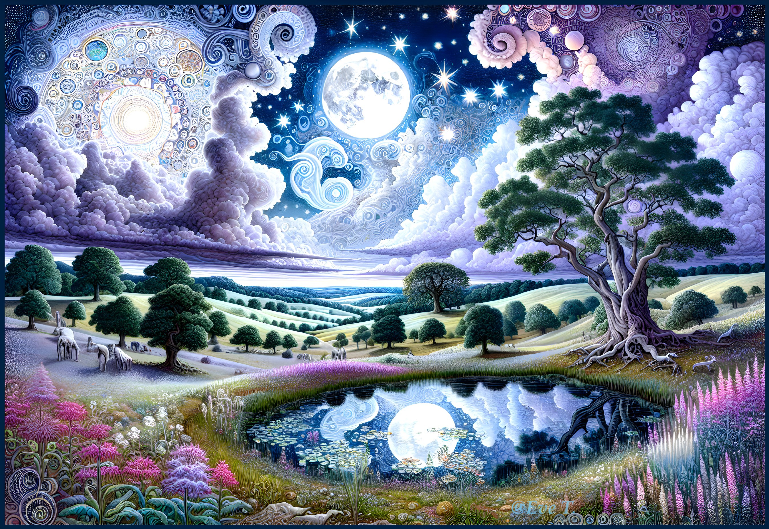 Surreal Landscape with Moonlit Hills and Pond