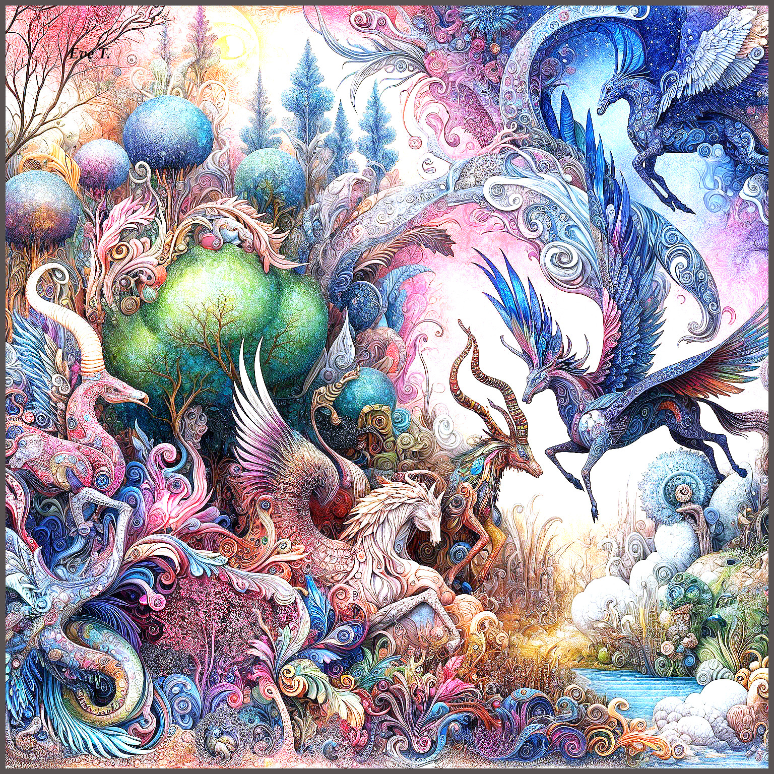 Whimsical Fantasy Scene with Vibrant Colors and Creatures