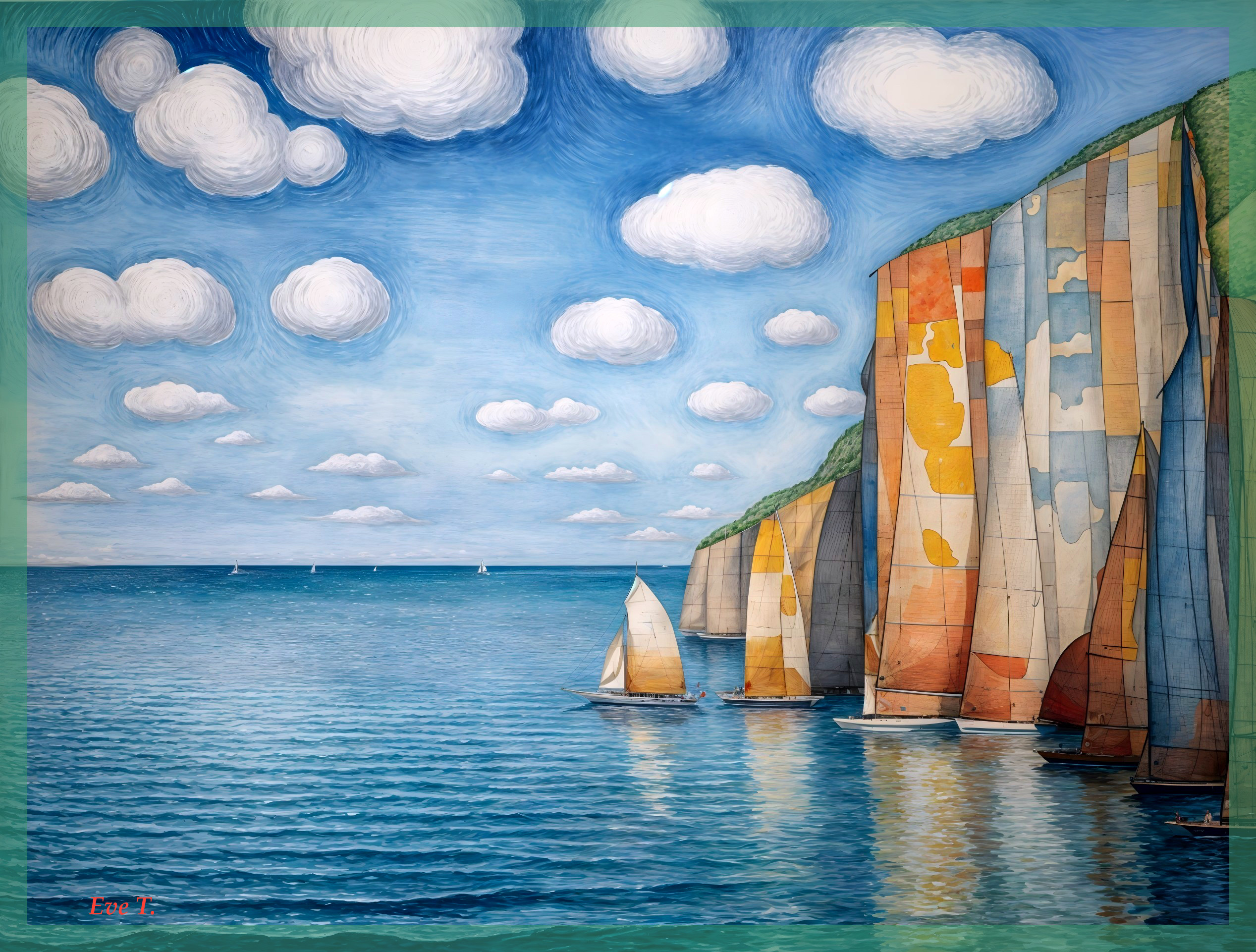 Vibrant Seascape with Colorful Cliffs and Sailboats
